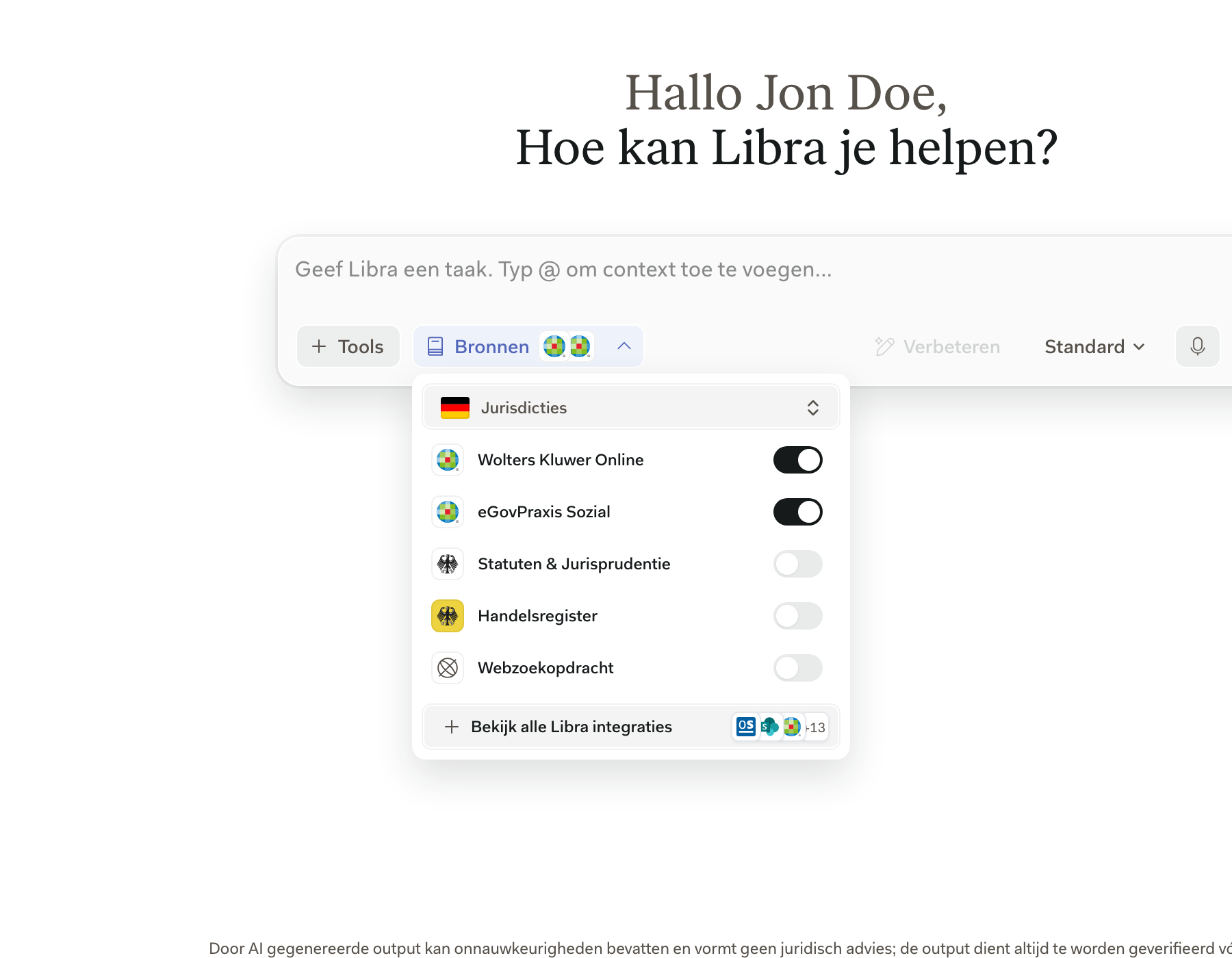 Het paneel Onderzoek geopend in het invoerveld, met de rij Wolters Kluwer Online en de bijbehorende schakelaar boven de andere Duitse en Zwitserse bronnen