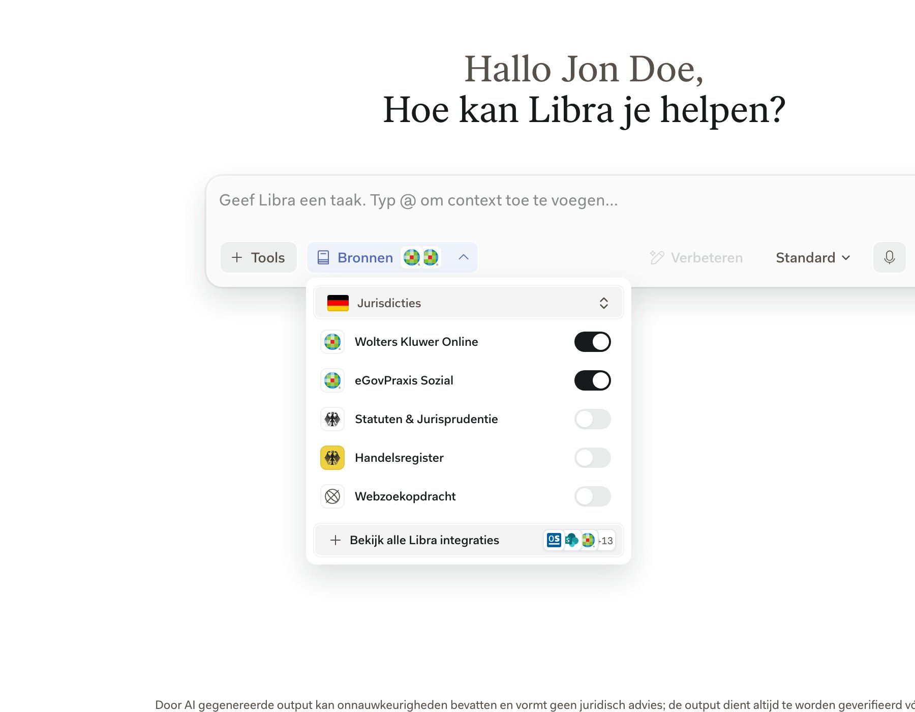 Het paneel Onderzoek geopend in het invoerveld, met de rij Wolters Kluwer Online en de bijbehorende schakelaar boven de andere Duitse en Zwitserse bronnen