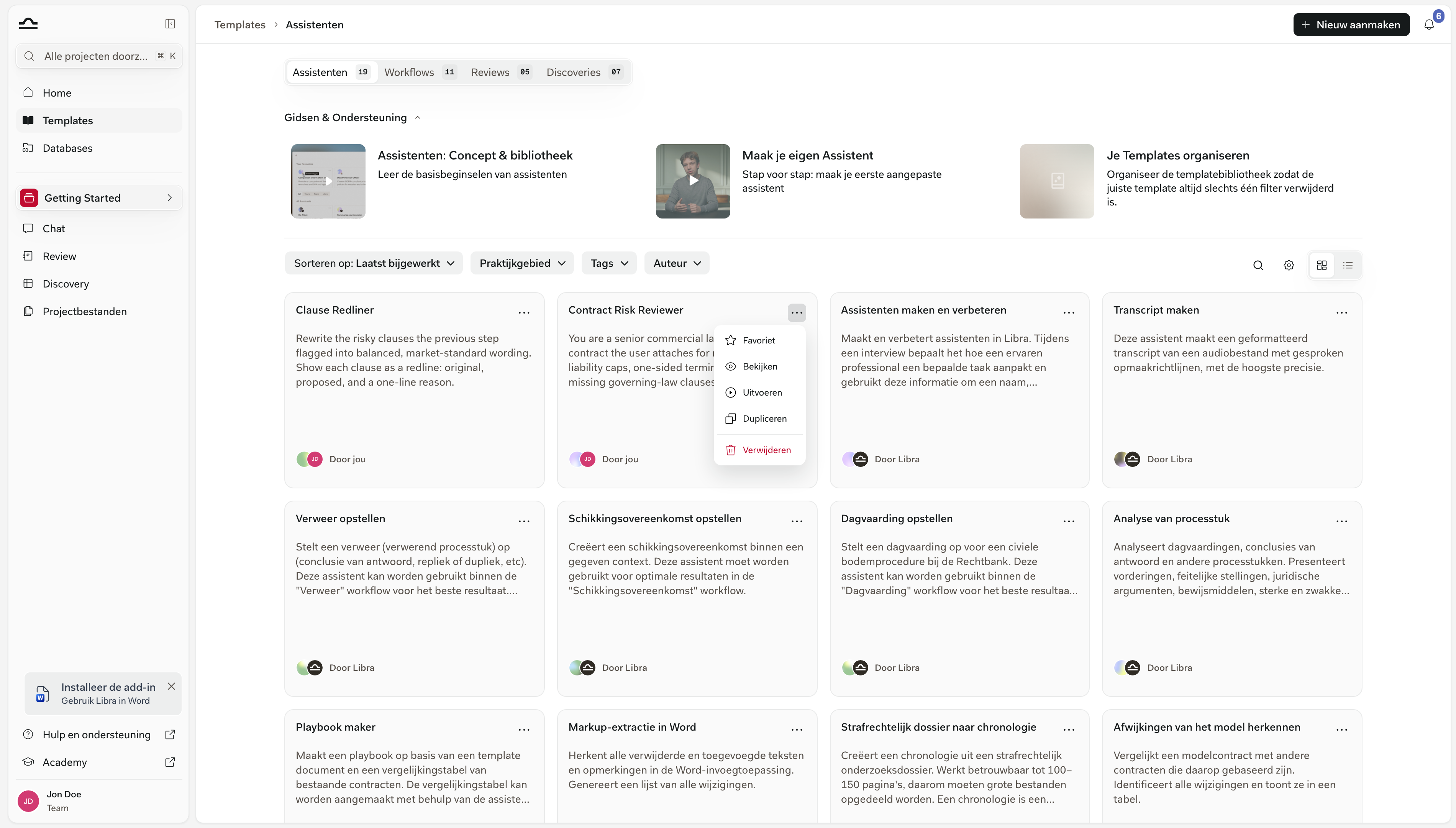Sjabloonkaart met het menu Meer opties geopend, met Favoriet, Weergeven, Uitvoeren, Dupliceren en Verwijderen