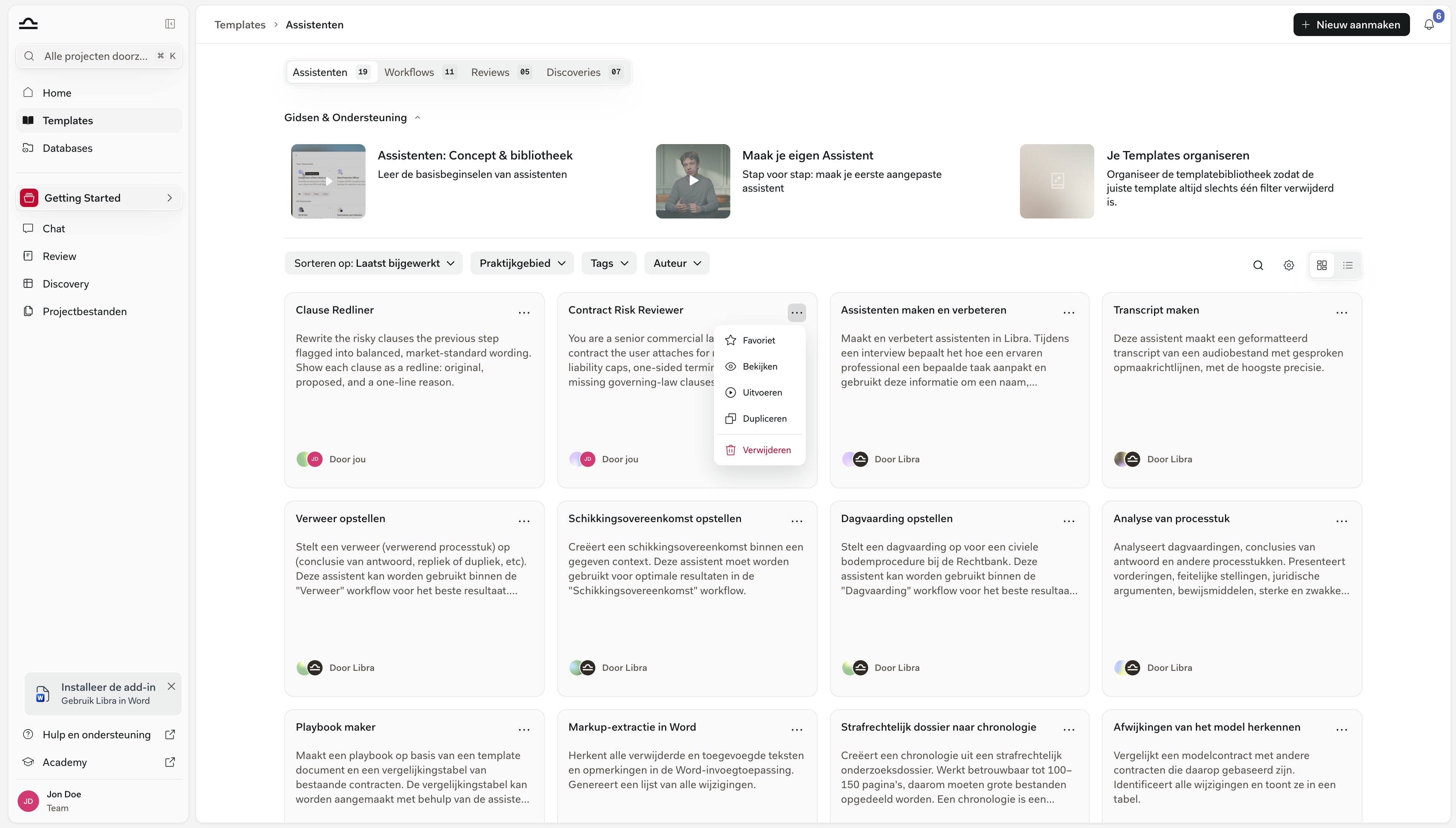 Sjabloonkaart met het menu Meer opties geopend, met Favoriet, Weergeven, Uitvoeren, Dupliceren en Verwijderen