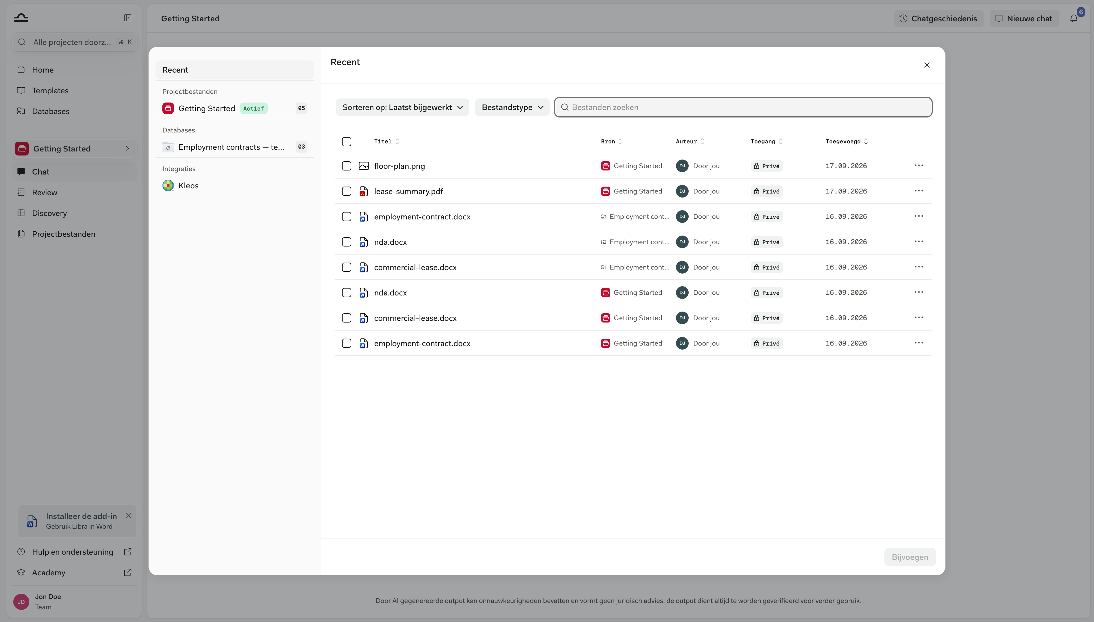 De Bestanden selecteren-browser met Recent, Projectbestanden, Databases en Integraties in de linkerbalk en een lijst per bestand met de kolommen Titel, Bron, Auteur en Toegang
