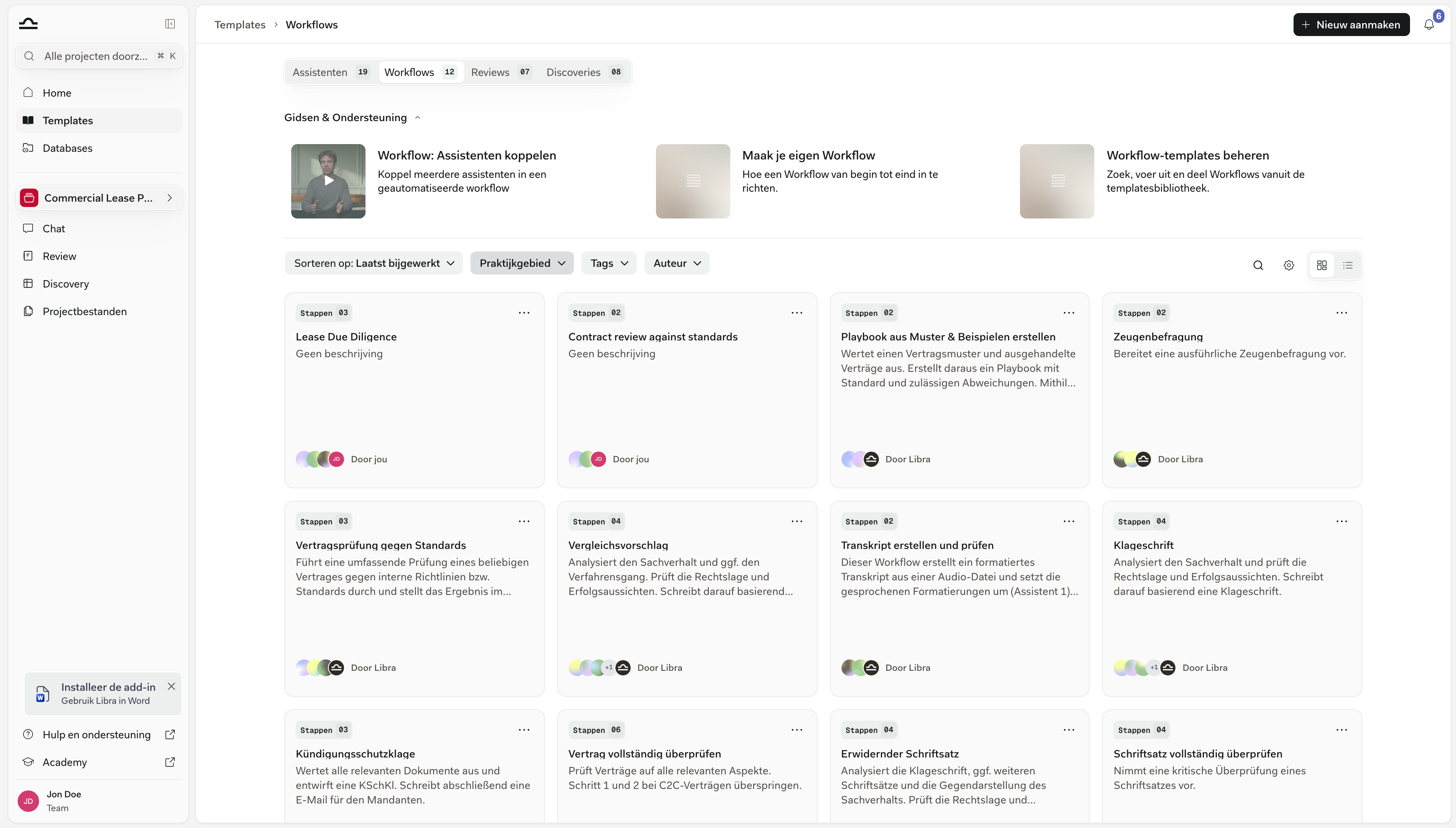 Sjablonen-bibliotheek geopend op het tabblad Workflows, met Workflow-kaarten met hun aantal stappen en de knop Nieuw aanmaken rechtsboven