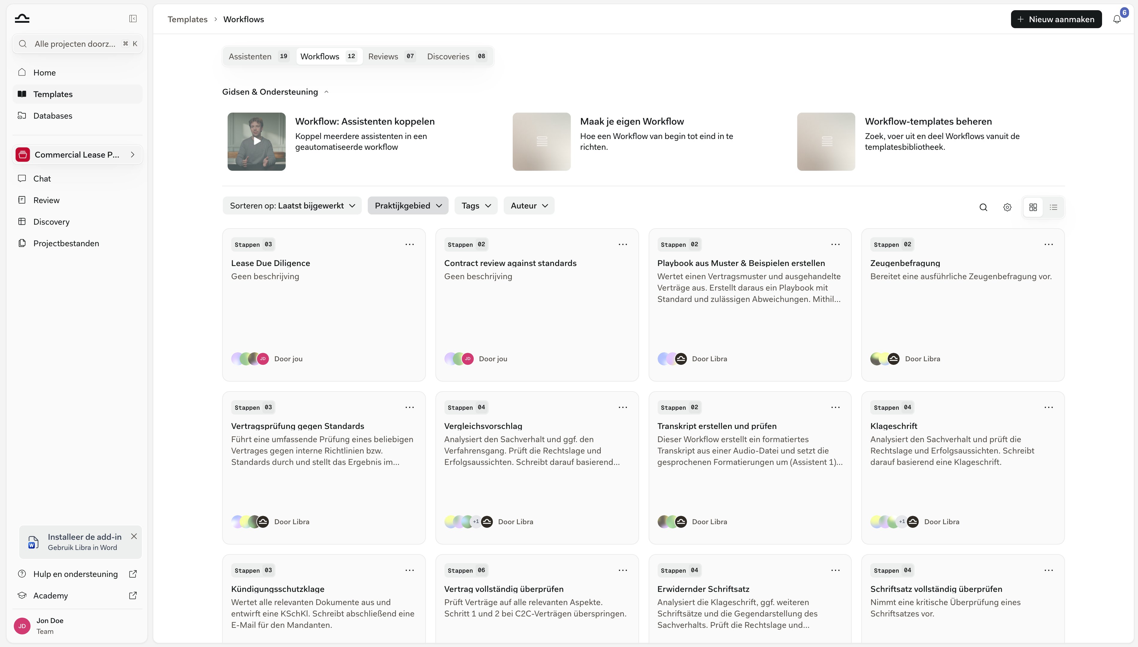 Sjablonen-bibliotheek geopend op het tabblad Workflows, met Workflow-kaarten met hun aantal stappen en de knop Nieuw aanmaken rechtsboven