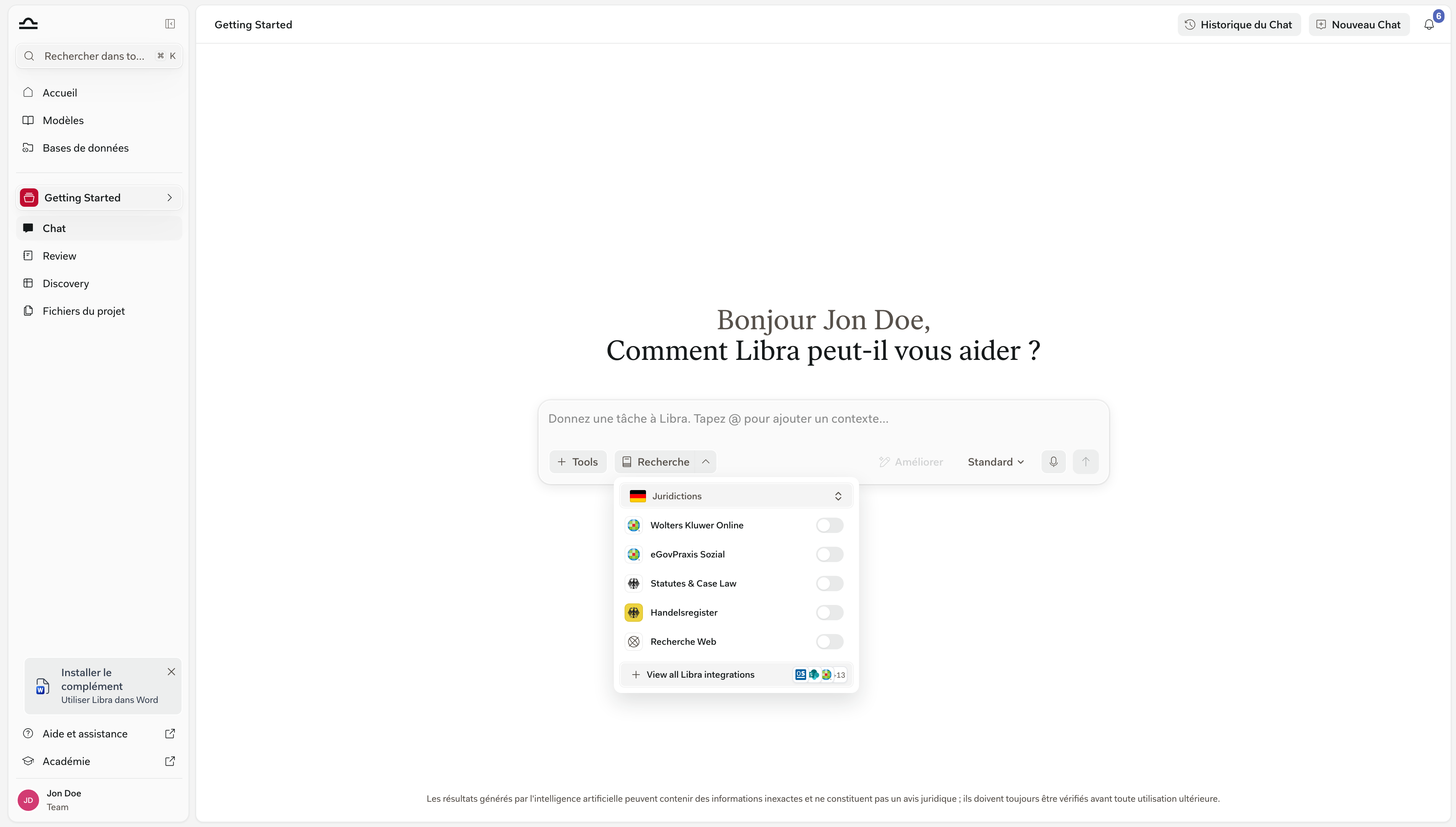 Composeur de chat avec le panneau Recherche ouvert, montrant le sélecteur Juridictions au-dessus d'une liste de sources avec des interrupteurs