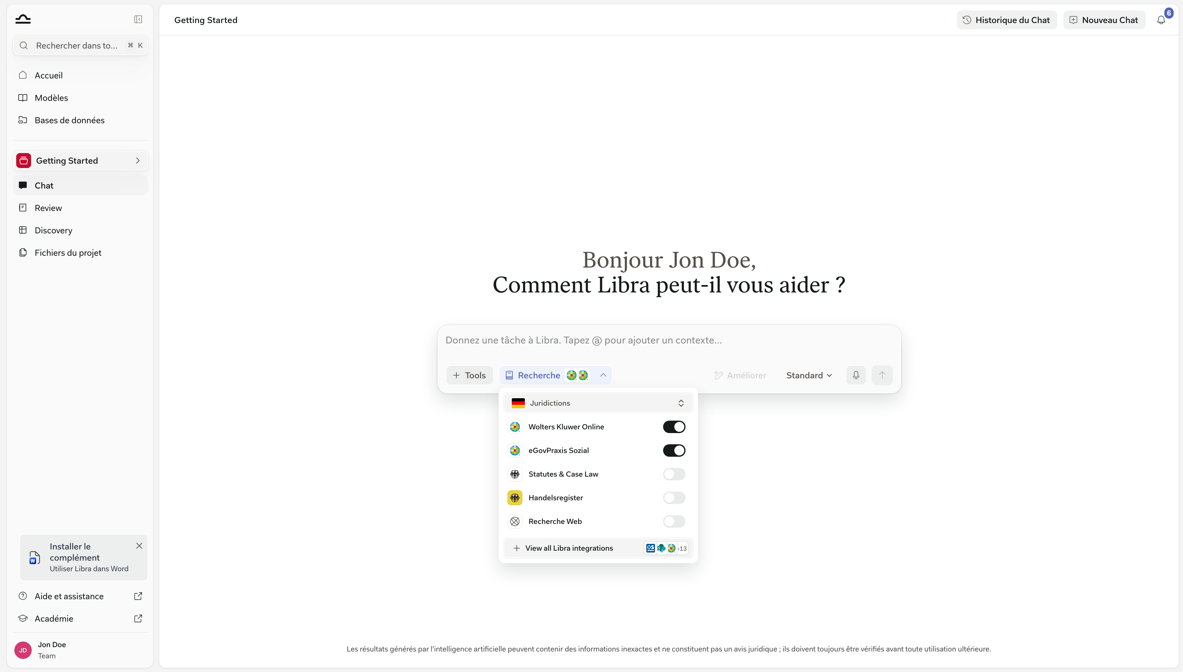 Liste des sources de recherche avec plusieurs bases de données juridiques activées