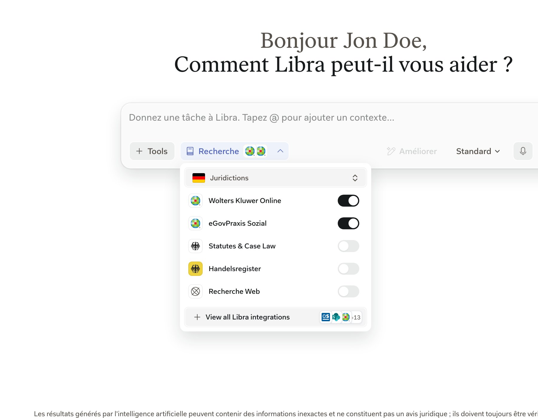 Le volet Recherche ouvert dans la zone de saisie, avec la ligne Wolters Kluwer Online et son commutateur au-dessus des autres sources allemandes et suisses