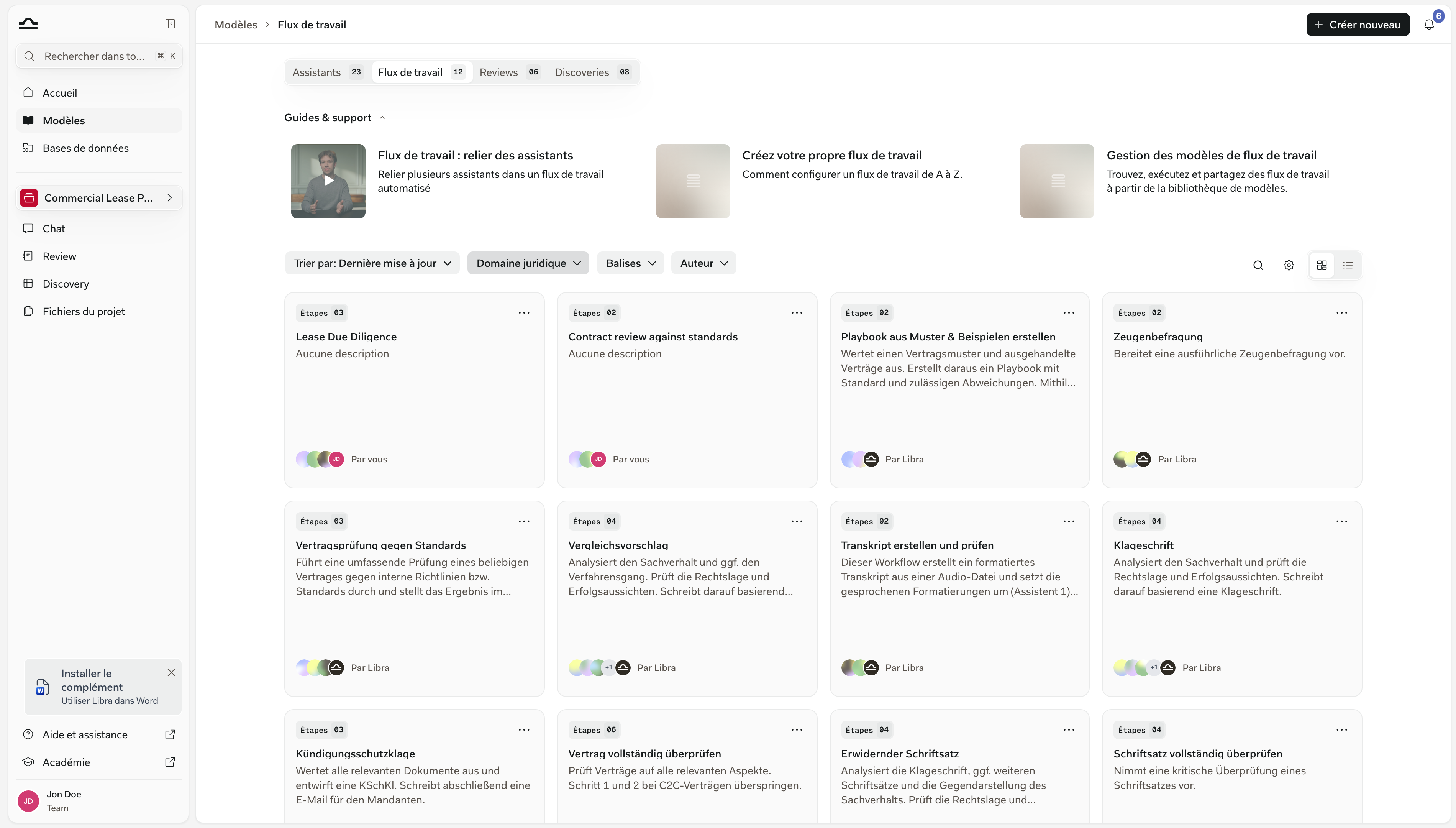 Bibliothèque de Modèles ouverte sur l'onglet Workflows, montrant des cartes de Workflow avec leur nombre d'étapes et le bouton Créer en haut à droite