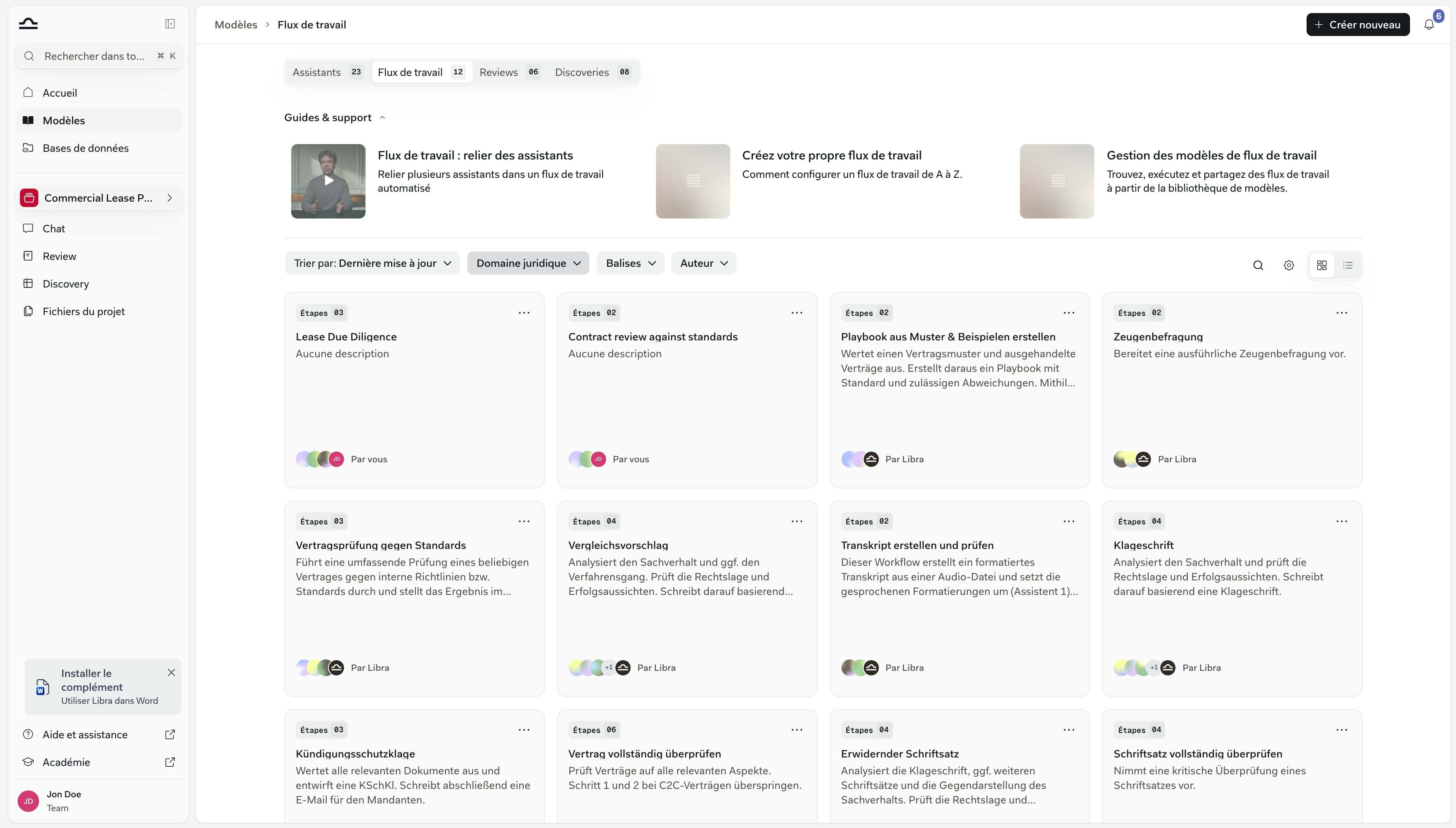 Bibliothèque de Modèles ouverte sur l'onglet Workflows, montrant des cartes de Workflow avec leur nombre d'étapes et le bouton Créer en haut à droite