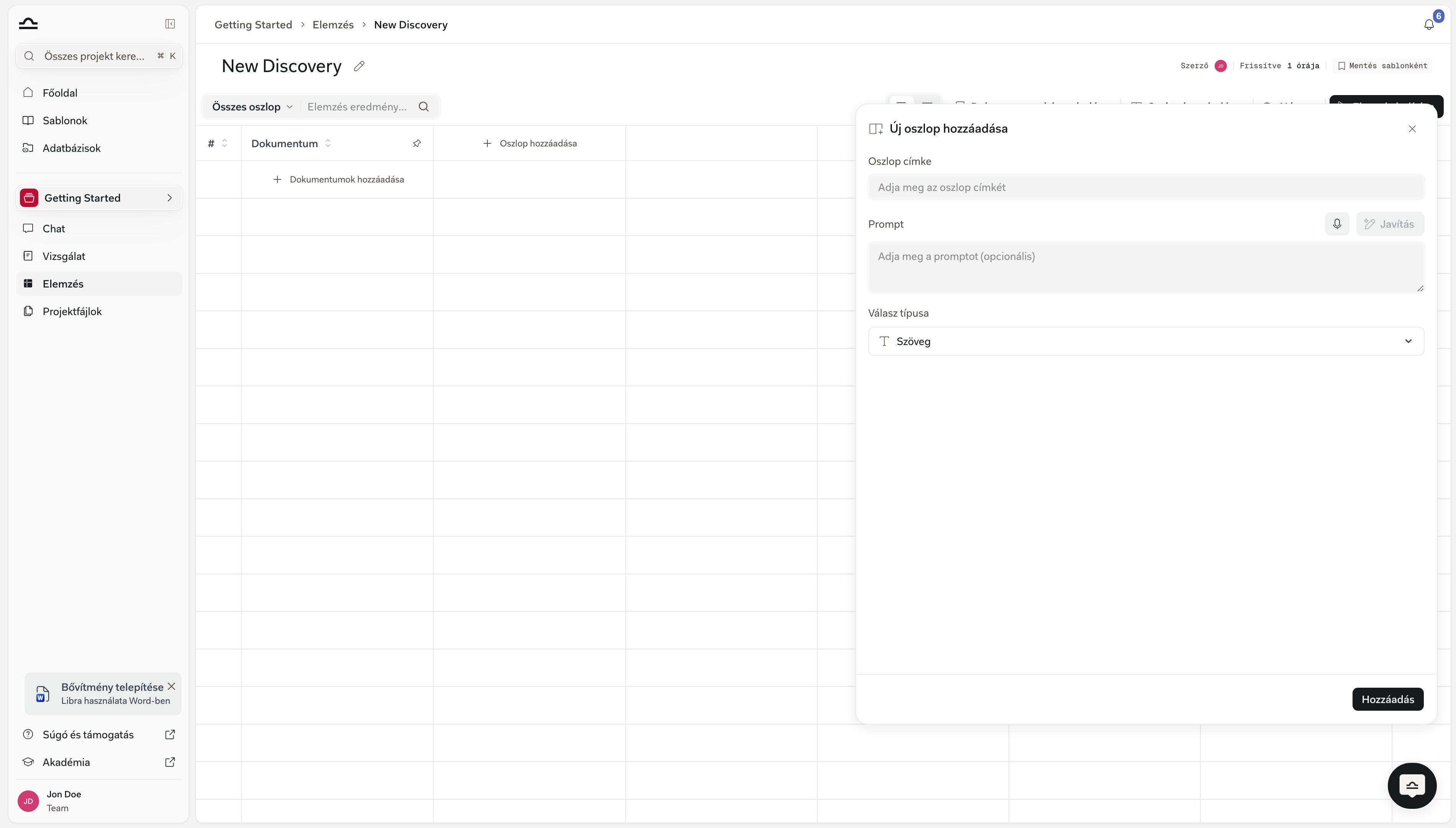 Add New Column panel a Column Label, Prompt és Answer Type mezőkkel