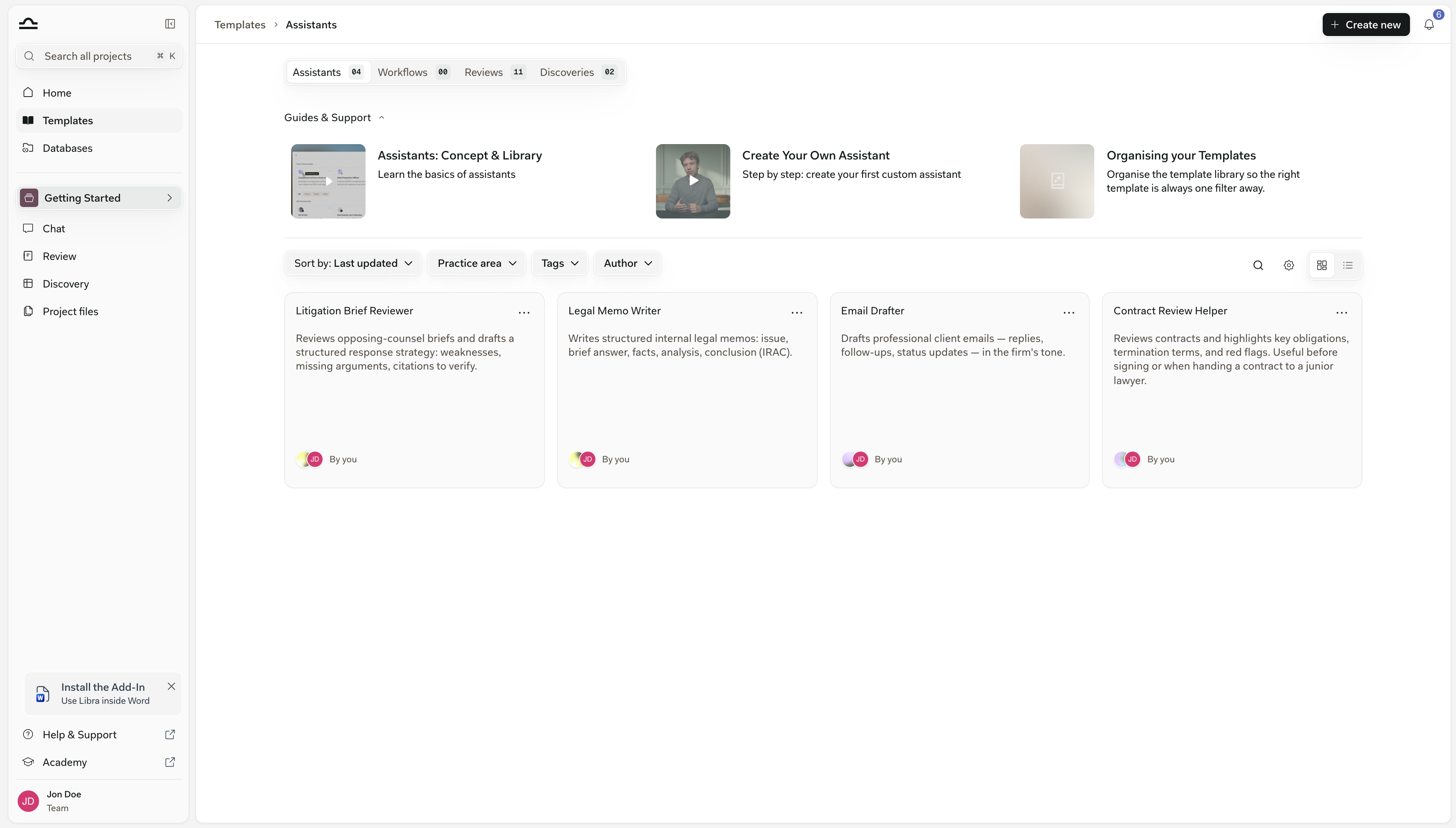 Templates library with the Assistants tab selected