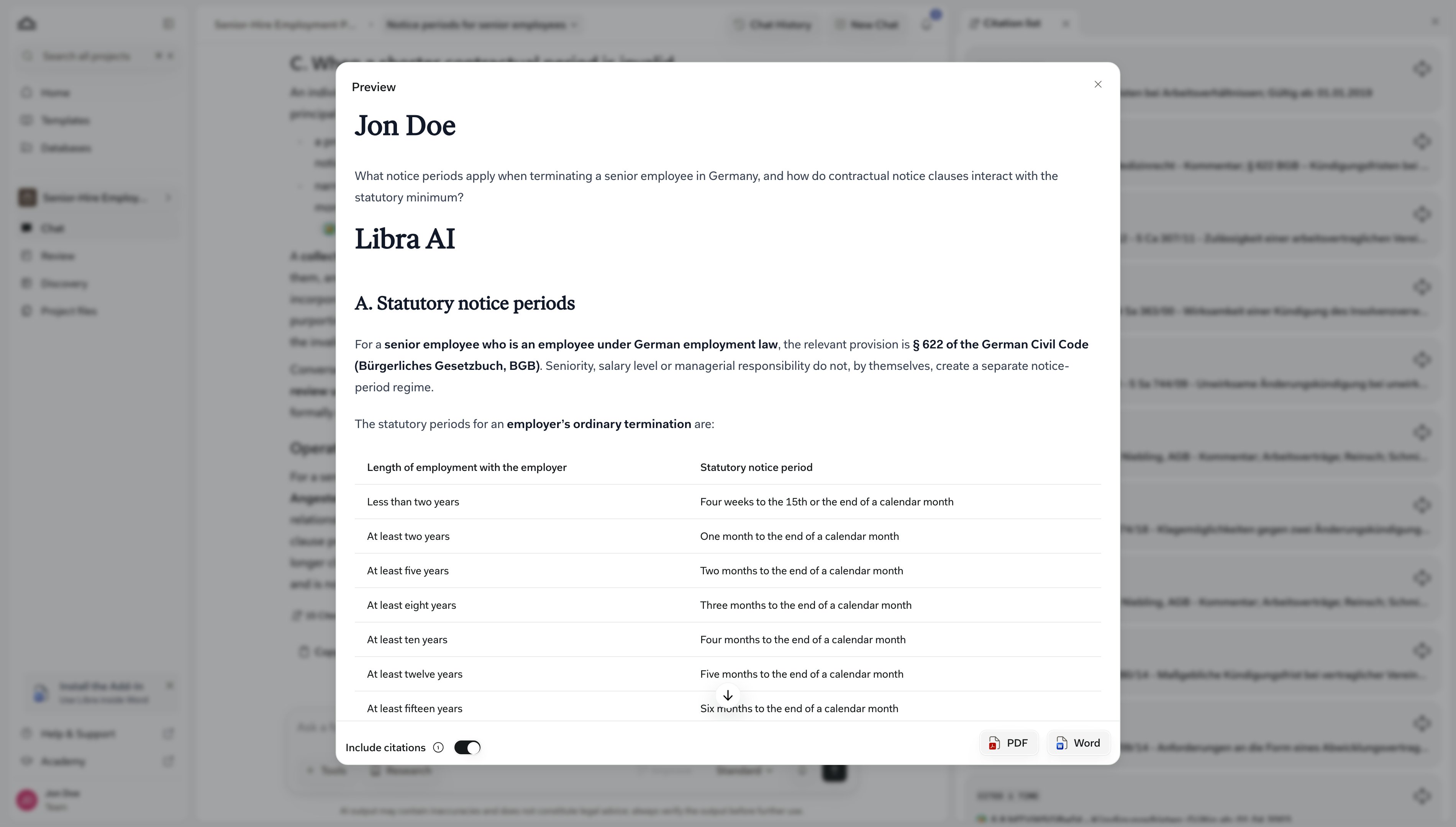 Dialog exportu chatu s náhledem konverzace, přepínačem Zahrnout citace a tlačítky PDF a Word