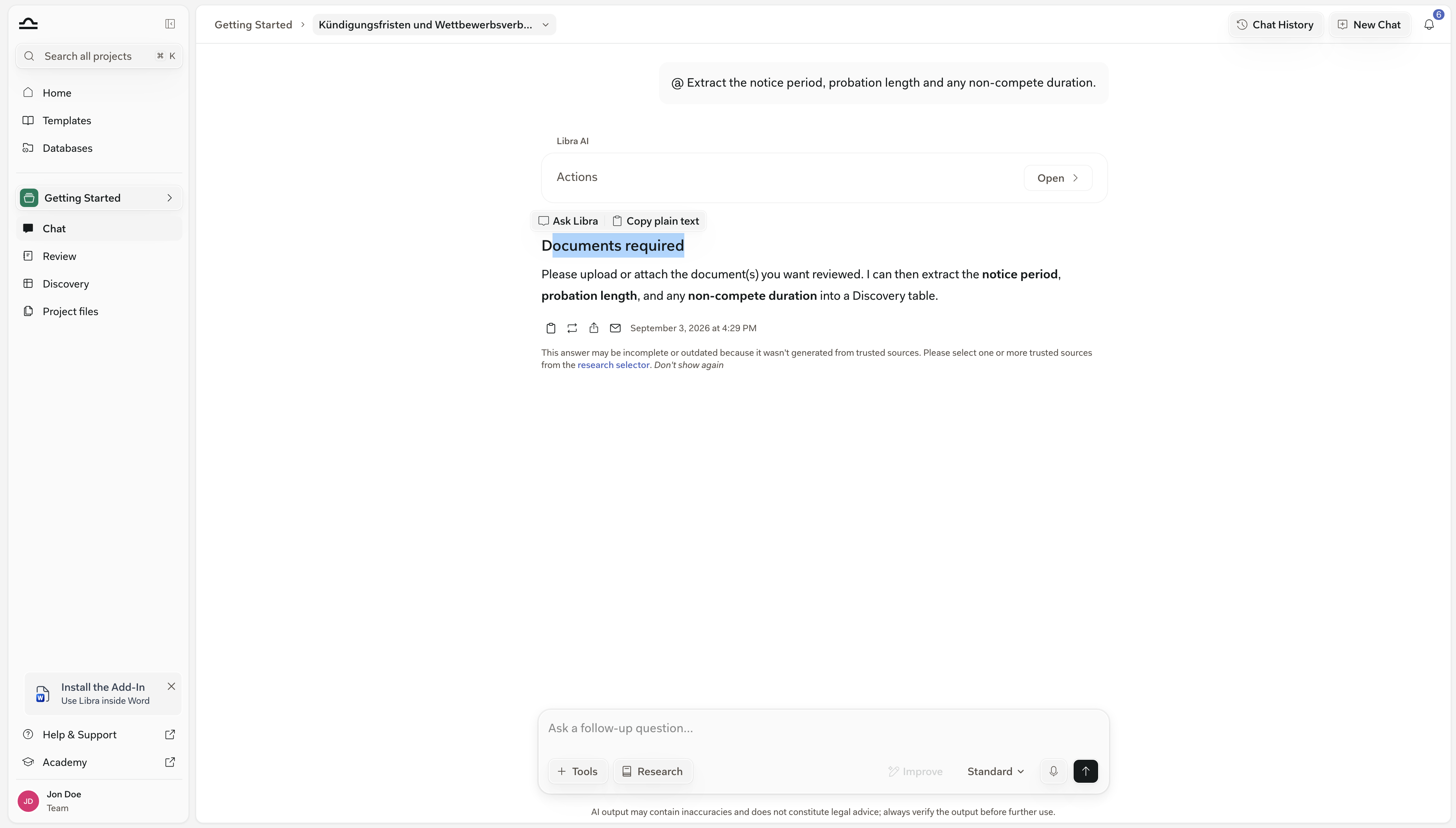 Markierter Text in einer Libra-Antwort, mit der Auswahl-Symbolleiste, die Libra fragen und Als reinen Text kopieren zeigt