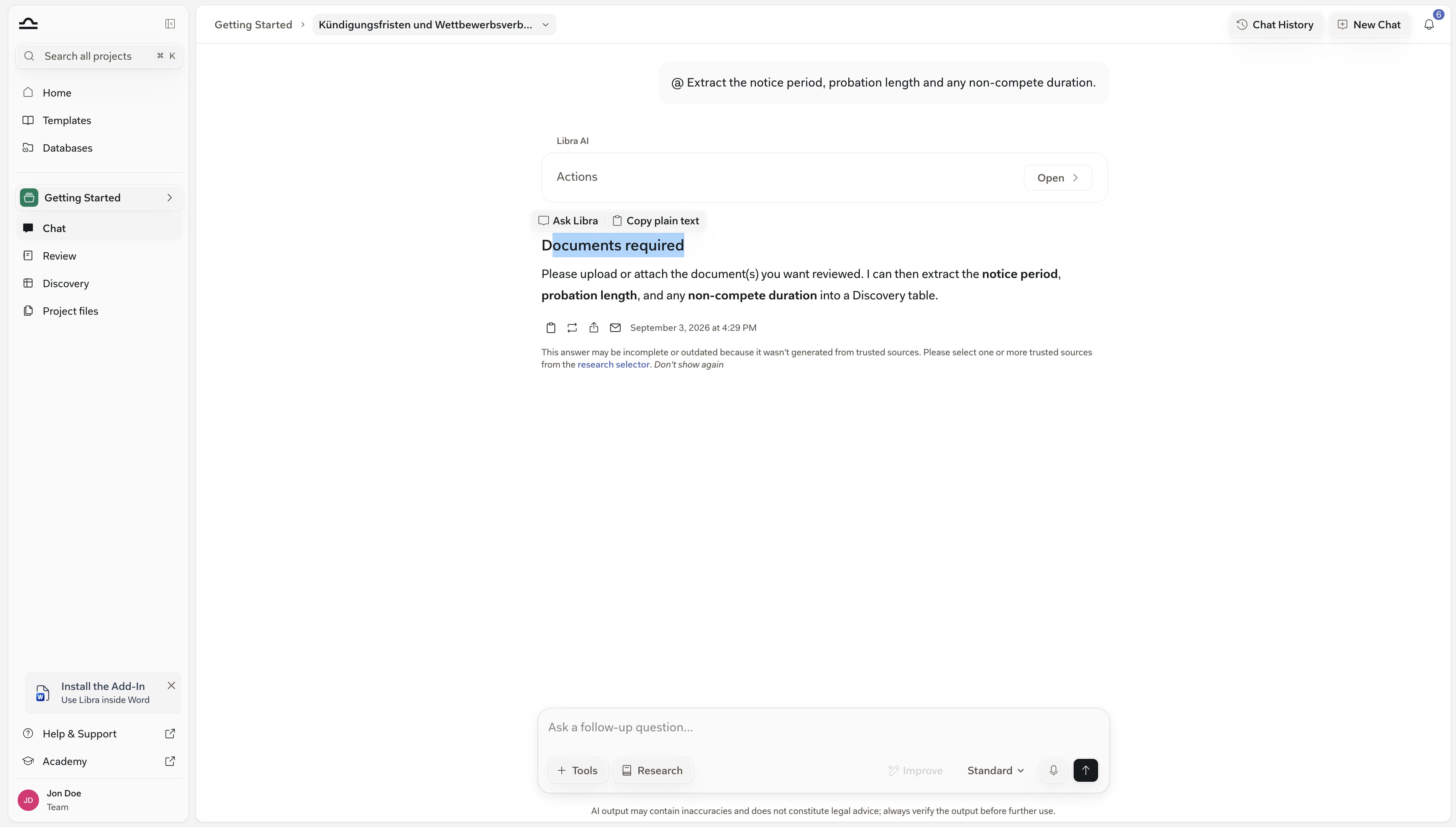 Text označený v odpovědi Libra s panelem nástrojů výběru zobrazujícím Zeptat se Libra a Kopírovat prostý text