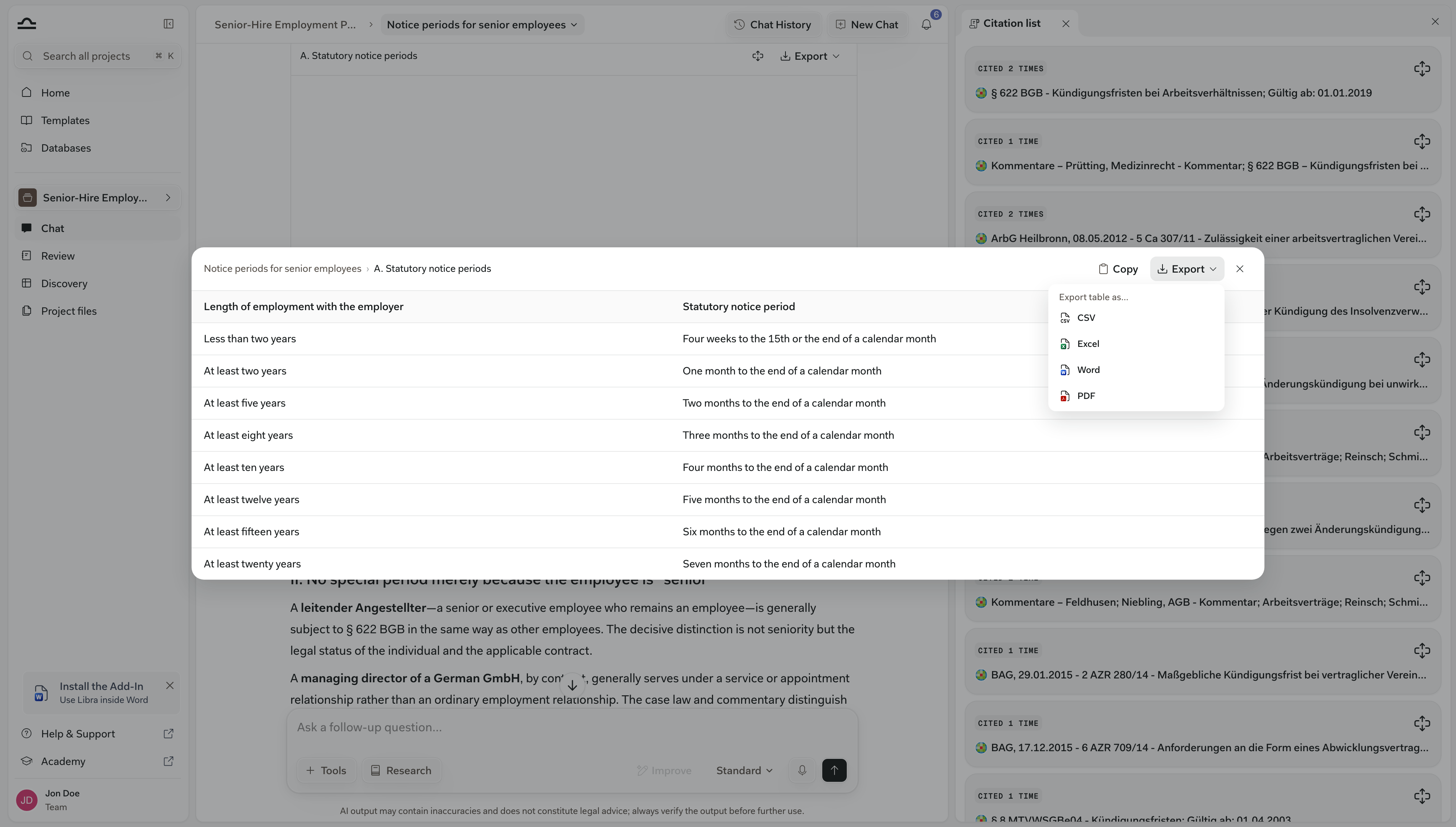 Die erweiterte Vollbildansicht einer Chat-Antwort-Tabelle mit Kopieren und geöffnetem Export-Menü mit Tabelle exportieren als… CSV, Excel, Word oder PDF