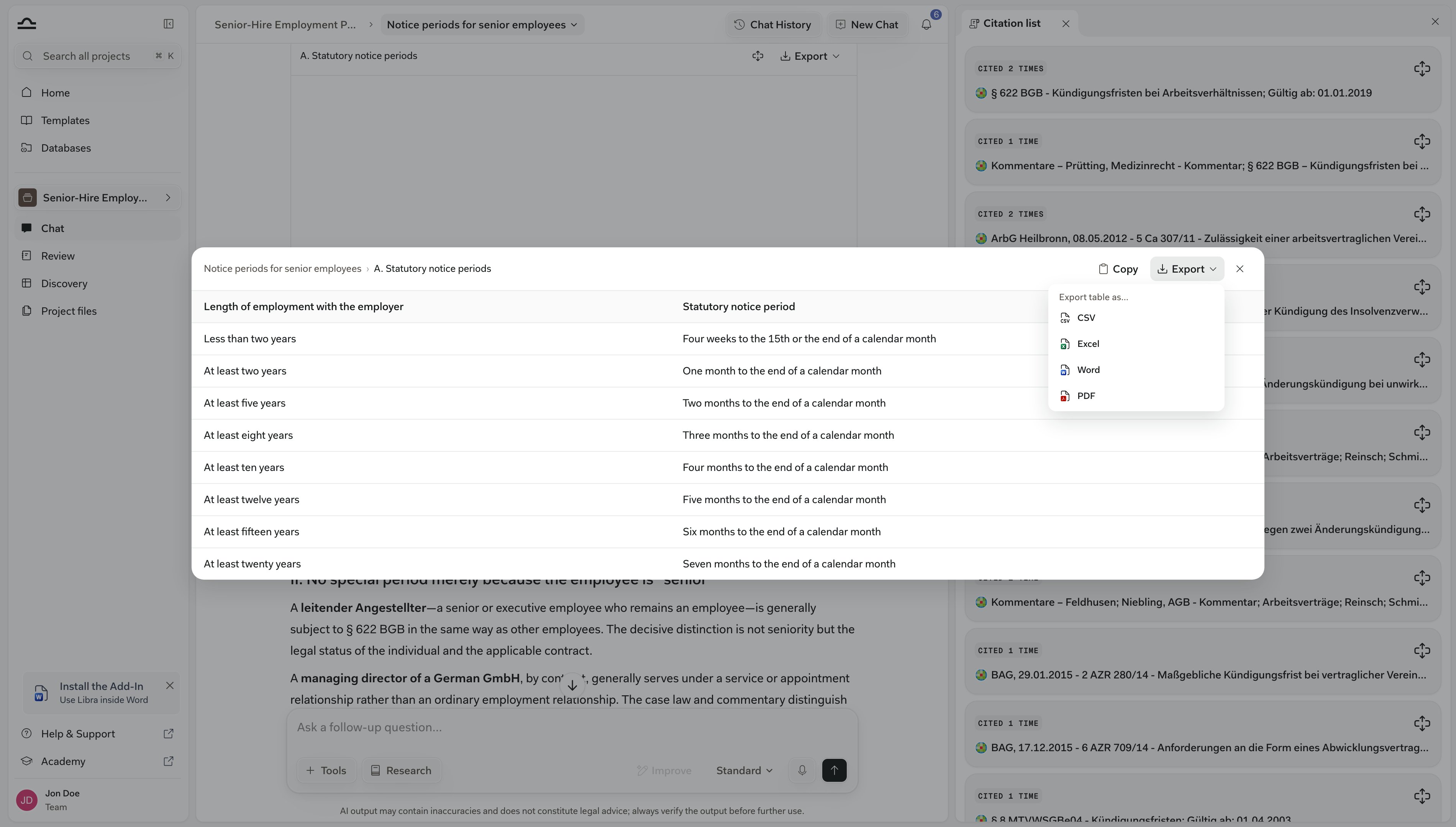 Die erweiterte Vollbildansicht einer Chat-Antwort-Tabelle mit Kopieren und geöffnetem Export-Menü mit Tabelle exportieren als… CSV, Excel, Word oder PDF