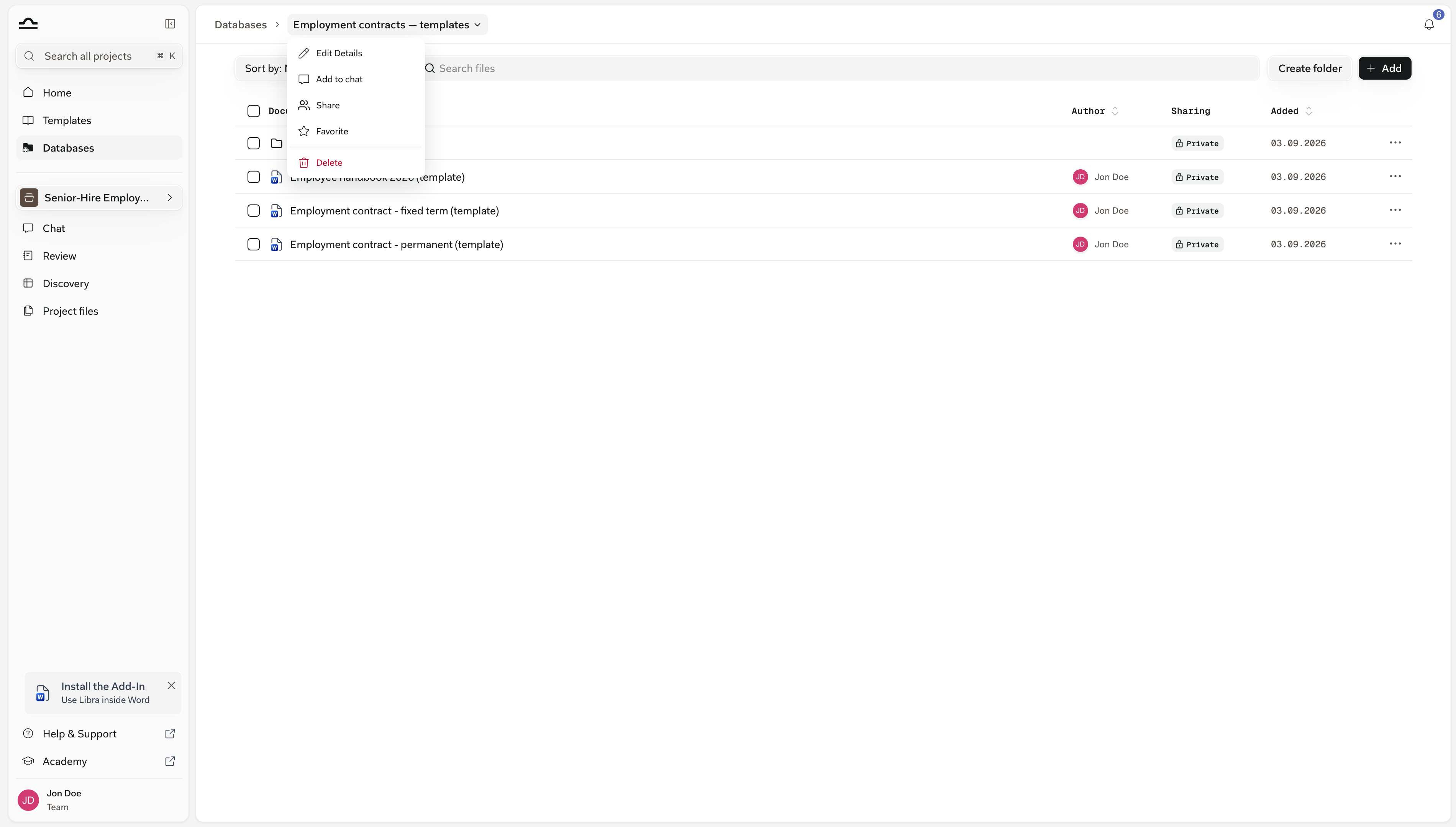 Das Menü hinter dem Namen einer Datenbank im Breadcrumb mit den Optionen Details bearbeiten, Zum Chat hinzufügen, Teilen, Favorit und Löschen