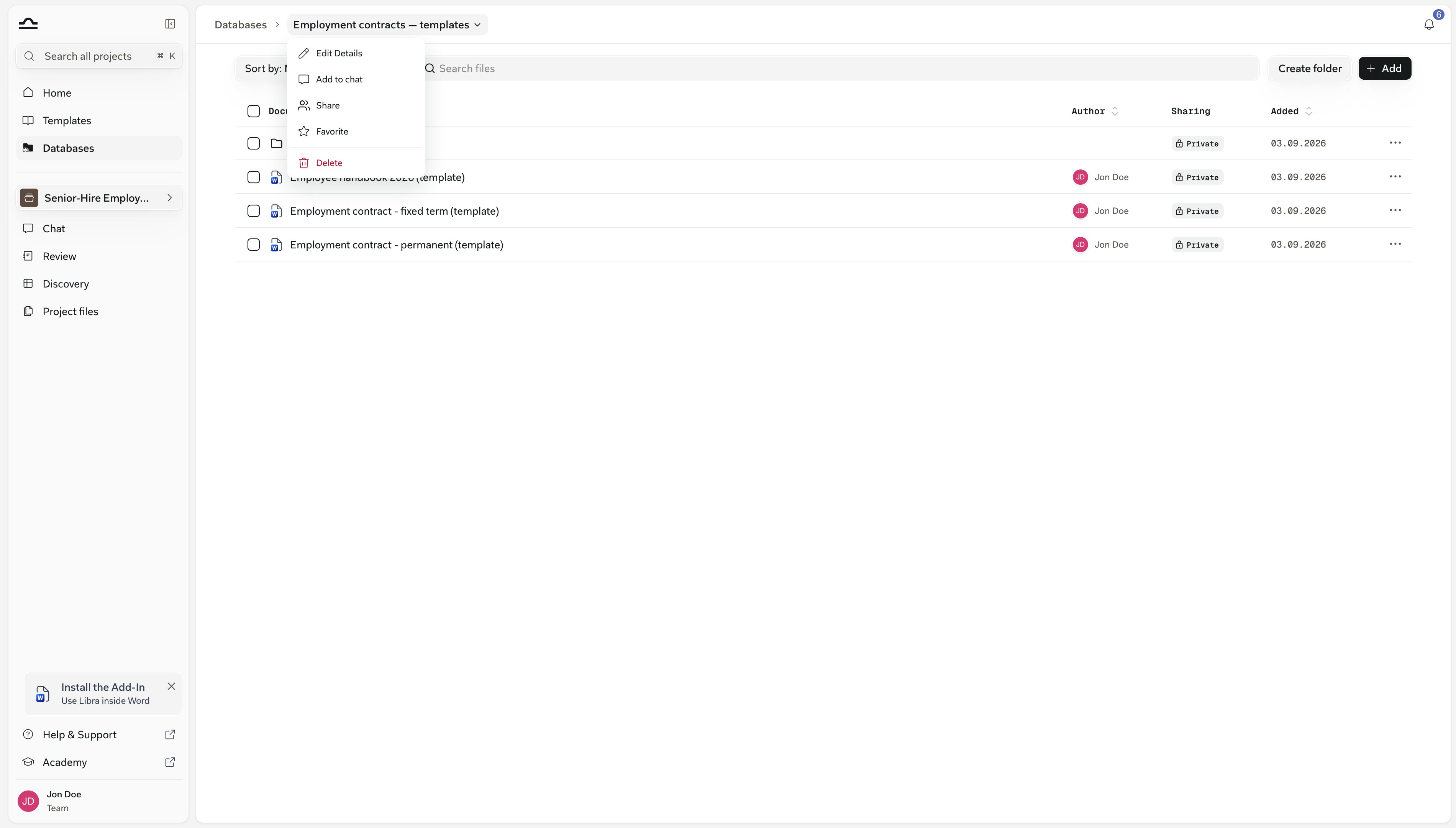 Das Menü hinter dem Namen einer Datenbank im Breadcrumb mit den Optionen Details bearbeiten, Zum Chat hinzufügen, Teilen, Favorit und Löschen