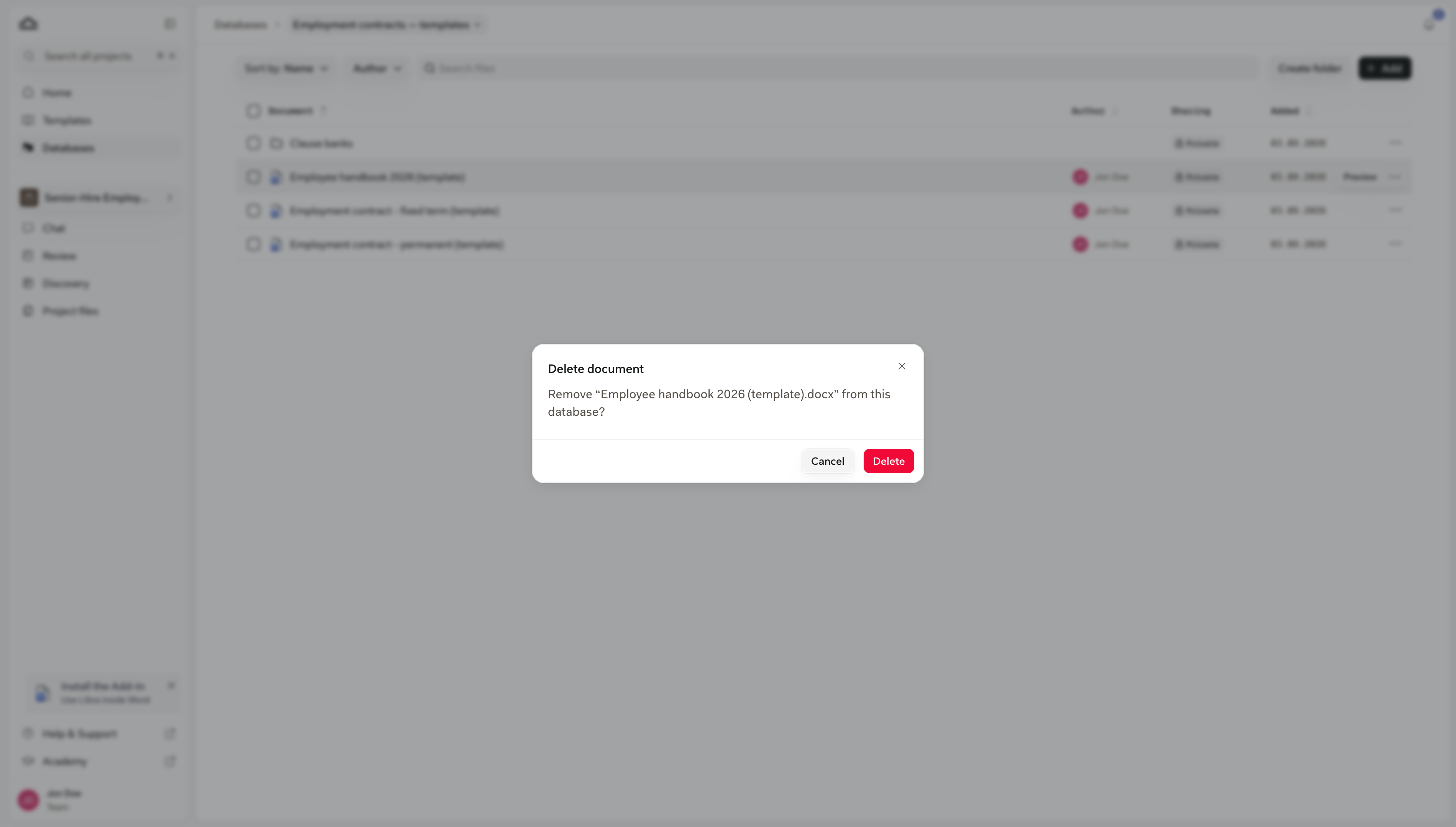 Die Bestätigungsfrage, ob ein Dokument aus dieser Datenbank entfernt werden soll