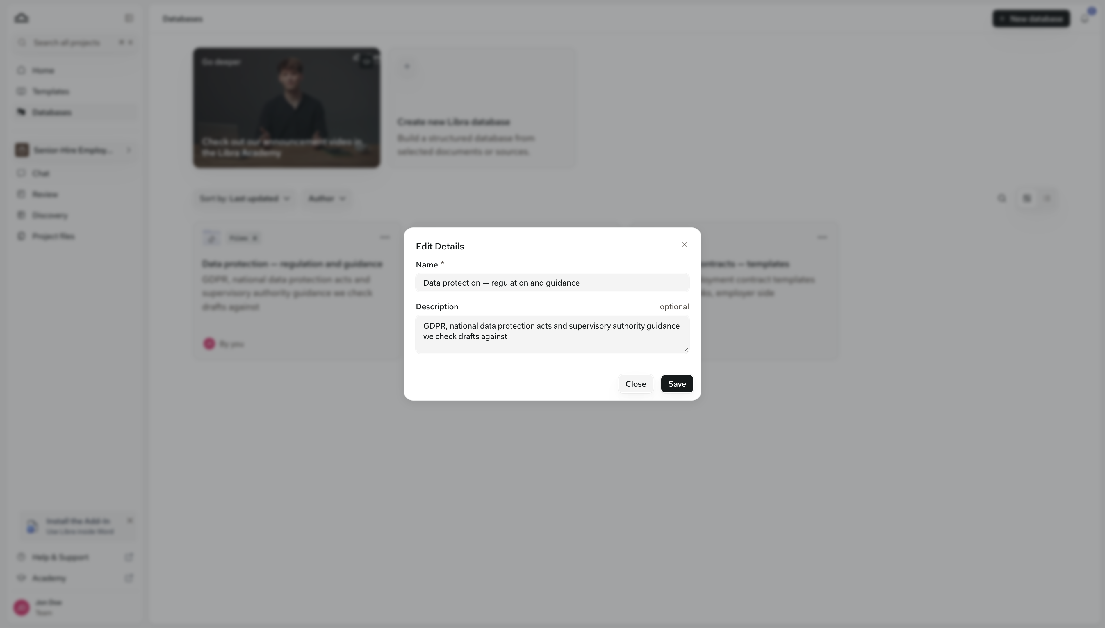 Der Dialog „Details bearbeiten” für eine Datenbank, mit den Feldern Name und Beschreibung