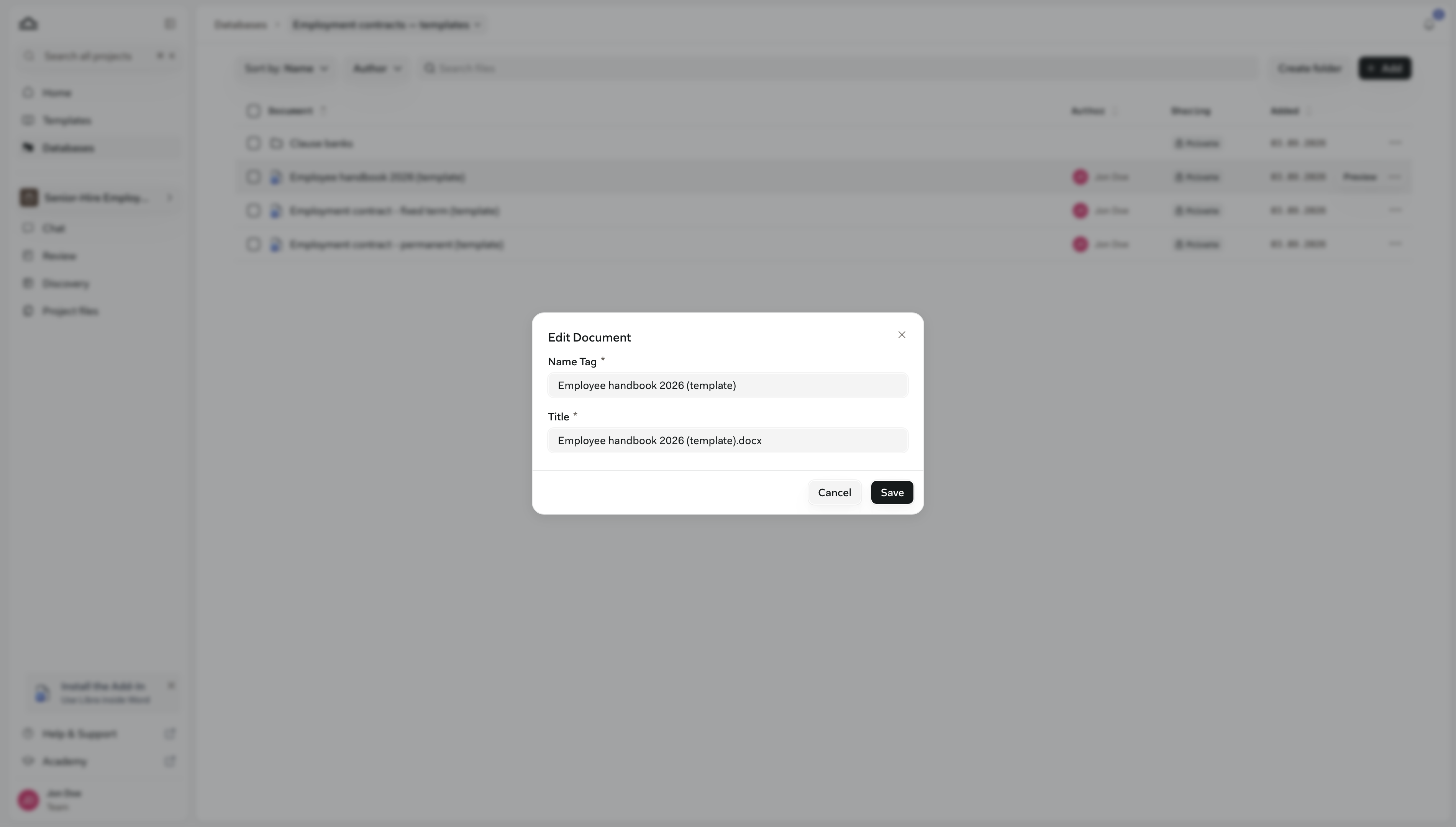 Der Dialog „Dokument bearbeiten” mit den Feldern Name-Tag und Titel