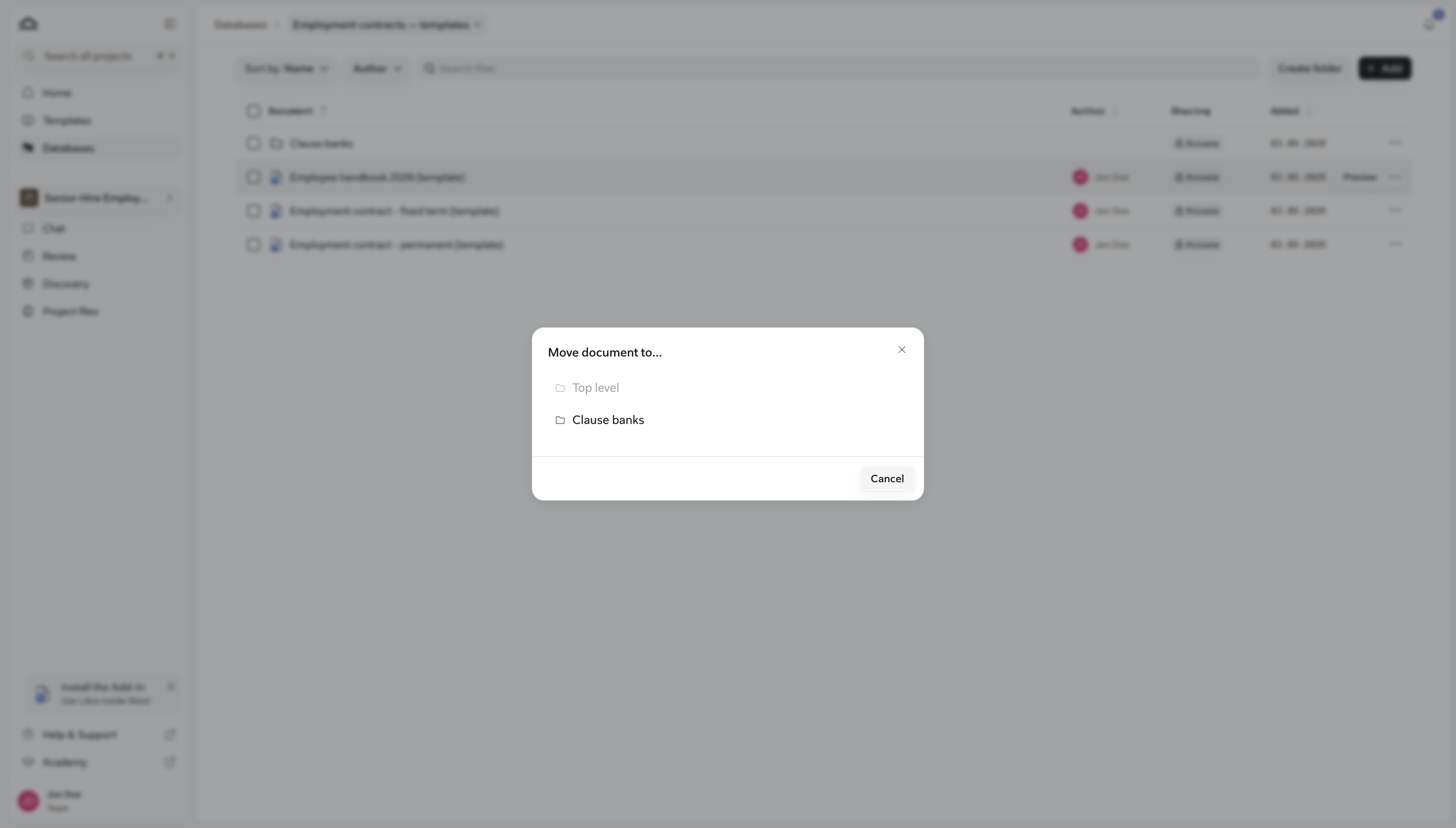 Der Dialog „Dokument verschieben nach” mit Auflistung der obersten Ebene und der Datenbankordner