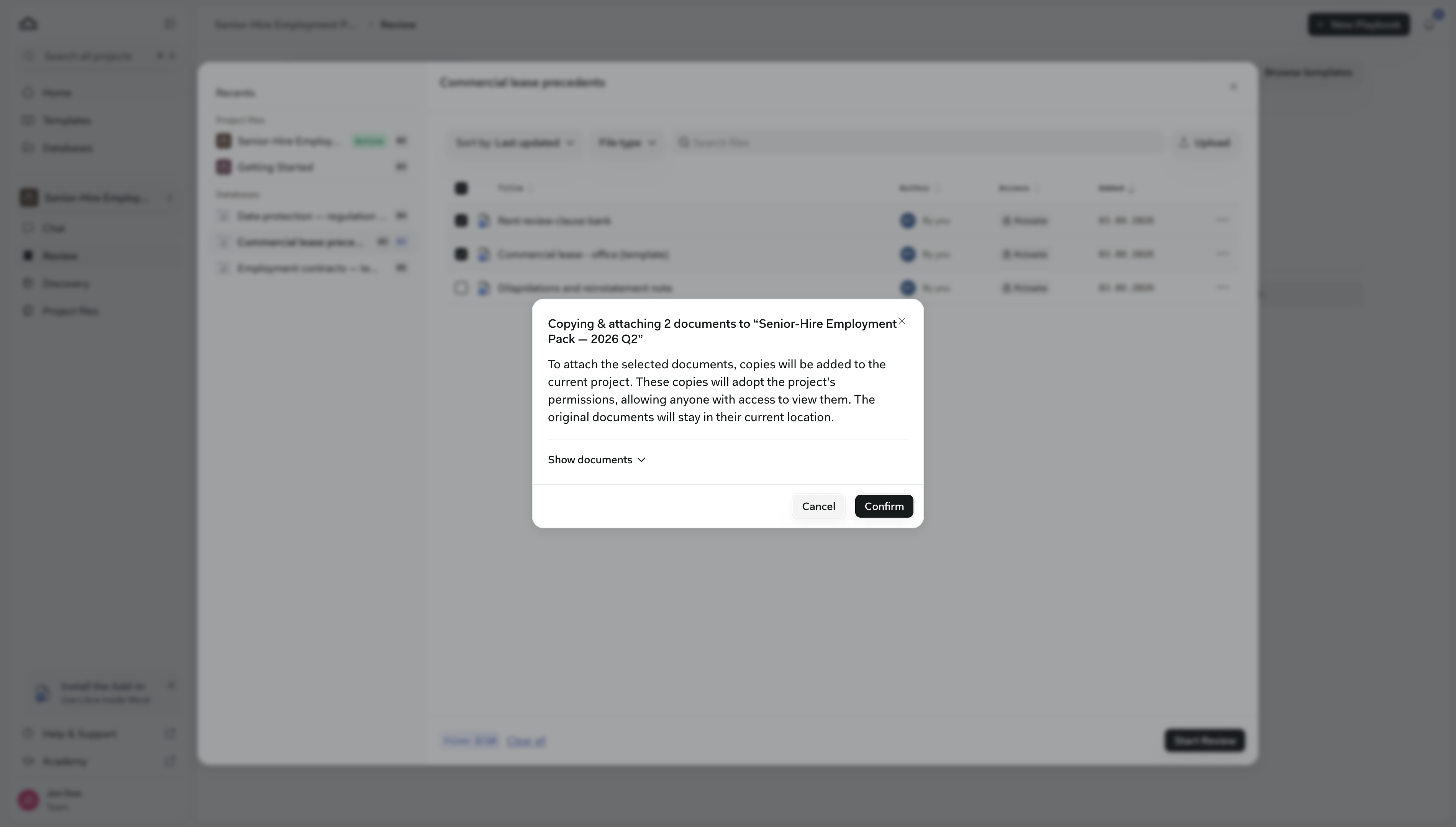 Der Dialog „Kopieren und Anhängen”, der erklärt, dass Kopien dem Projekt hinzugefügt werden und die Originale in der Datenbank verbleiben
