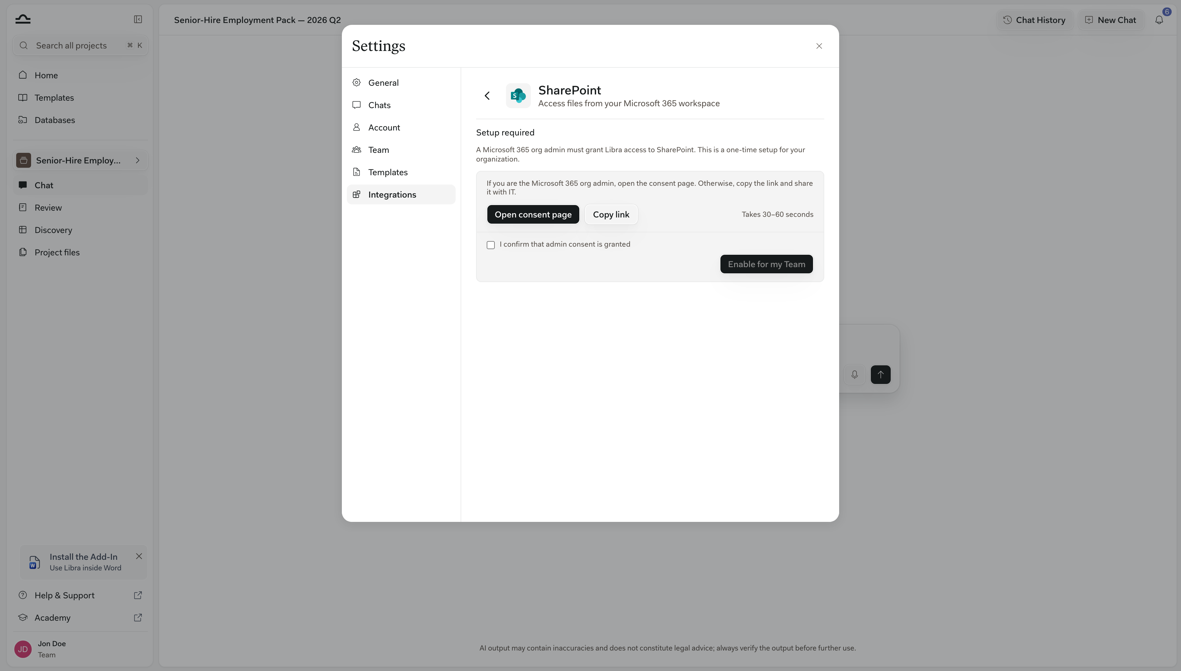 Das SharePoint-Integrationspanel mit „Einrichtung erforderlich”, inklusive Zustimmungsseite öffnen, Link kopieren und Für mein Team aktivieren