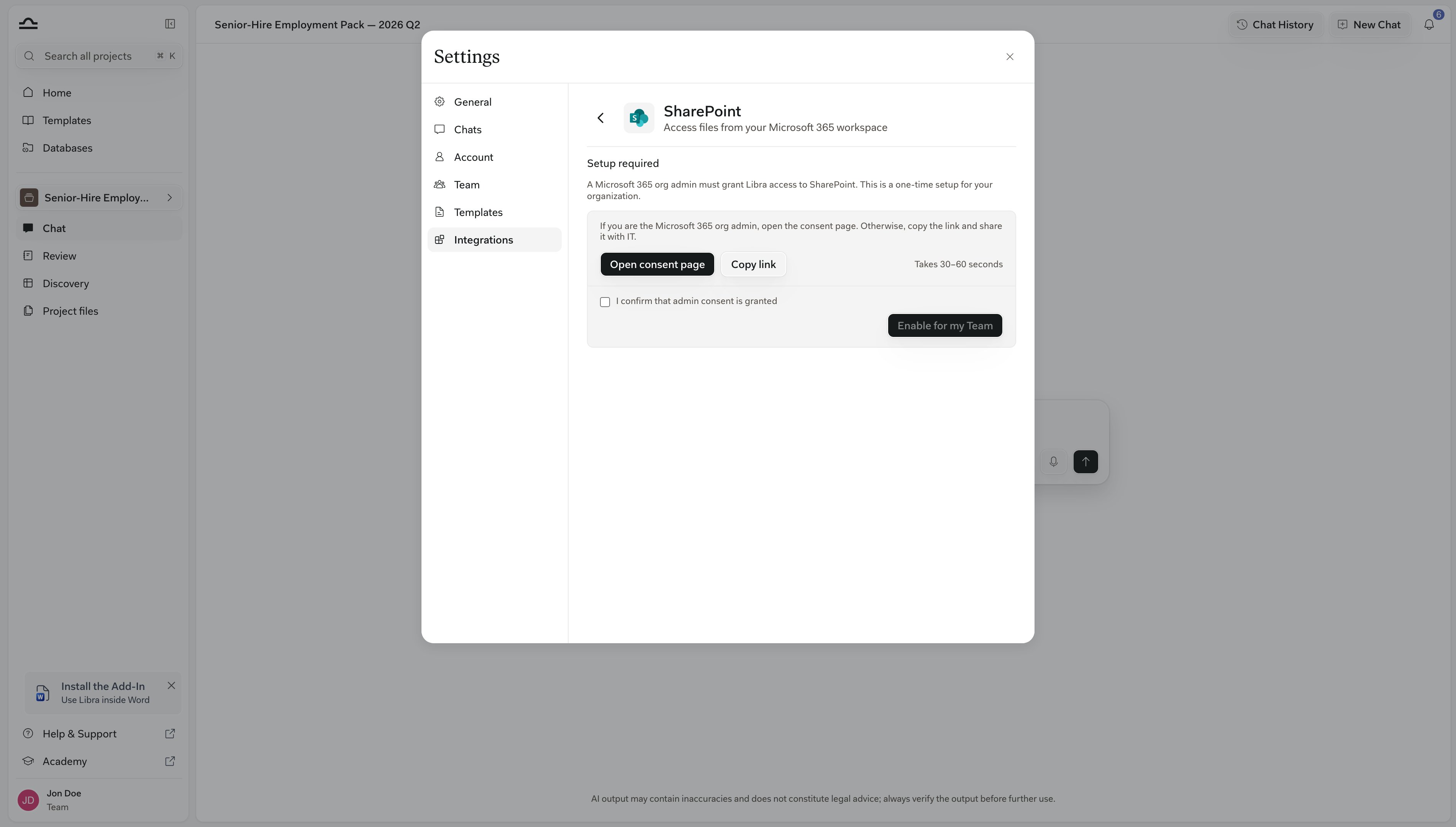 Das SharePoint-Integrationspanel mit „Einrichtung erforderlich”, inklusive Zustimmungsseite öffnen, Link kopieren und Für mein Team aktivieren