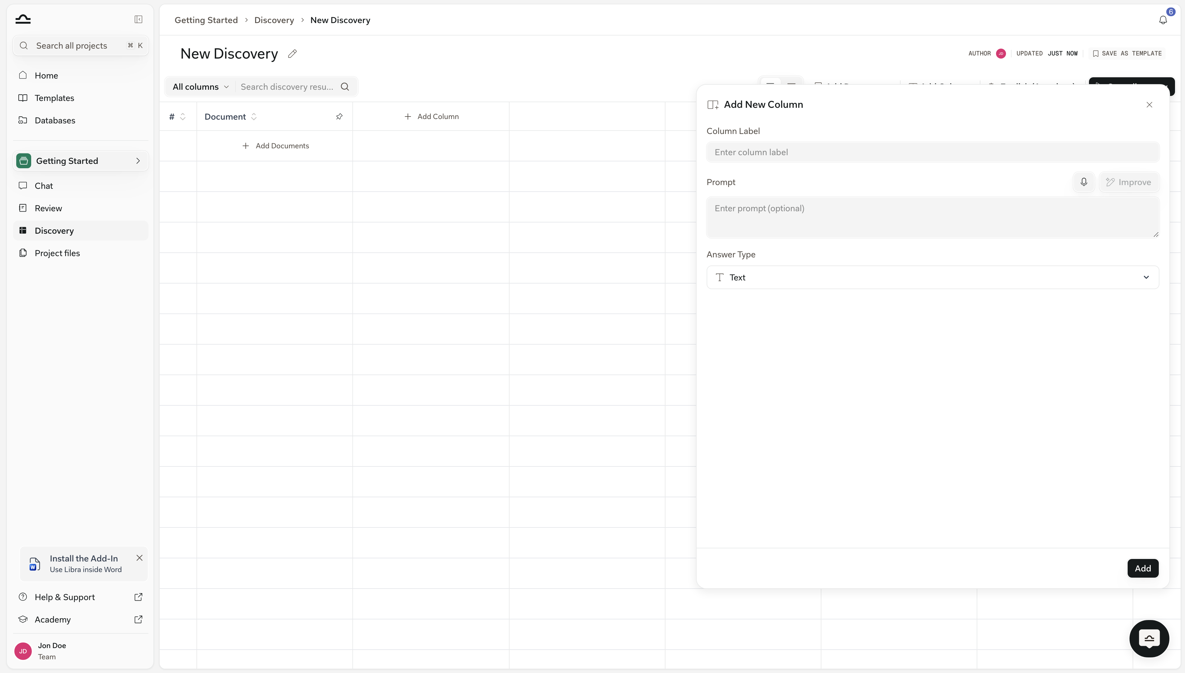 Add New Column panel with Column Label, Prompt and Answer Type fields