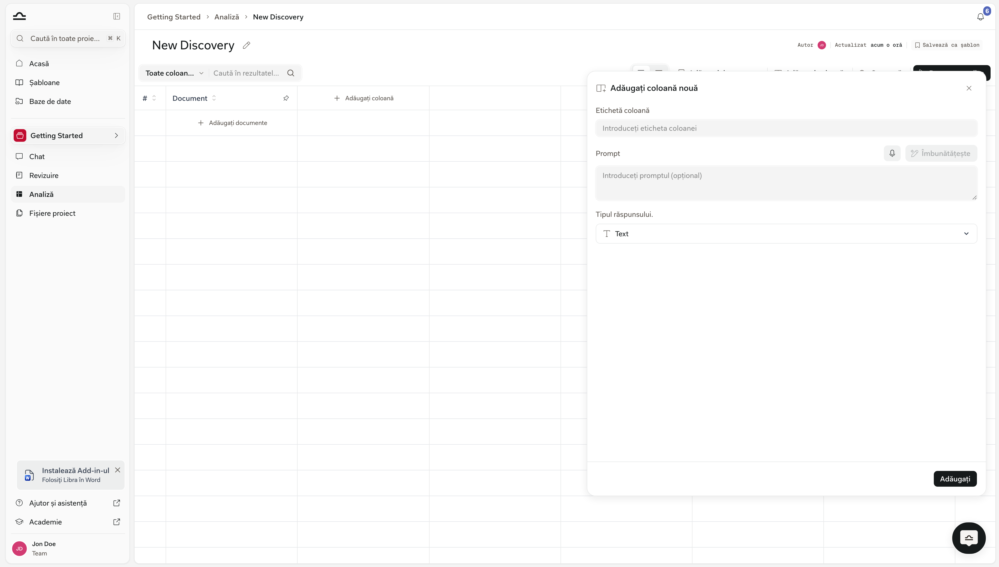 Panoul Add New Column cu câmpurile Column Label, Prompt și Answer Type