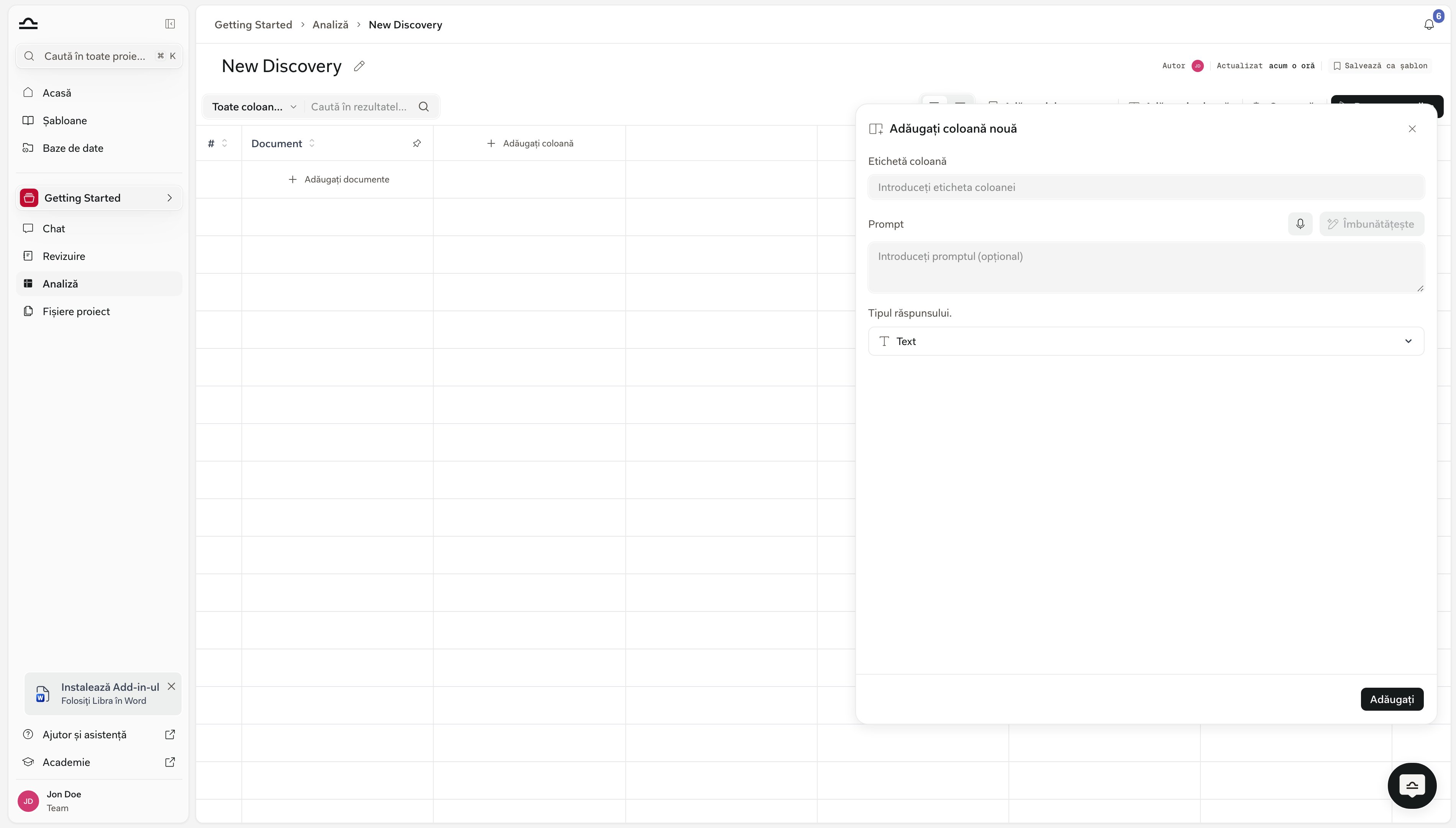 Panoul Add New Column cu câmpurile Column Label, Prompt și Answer Type