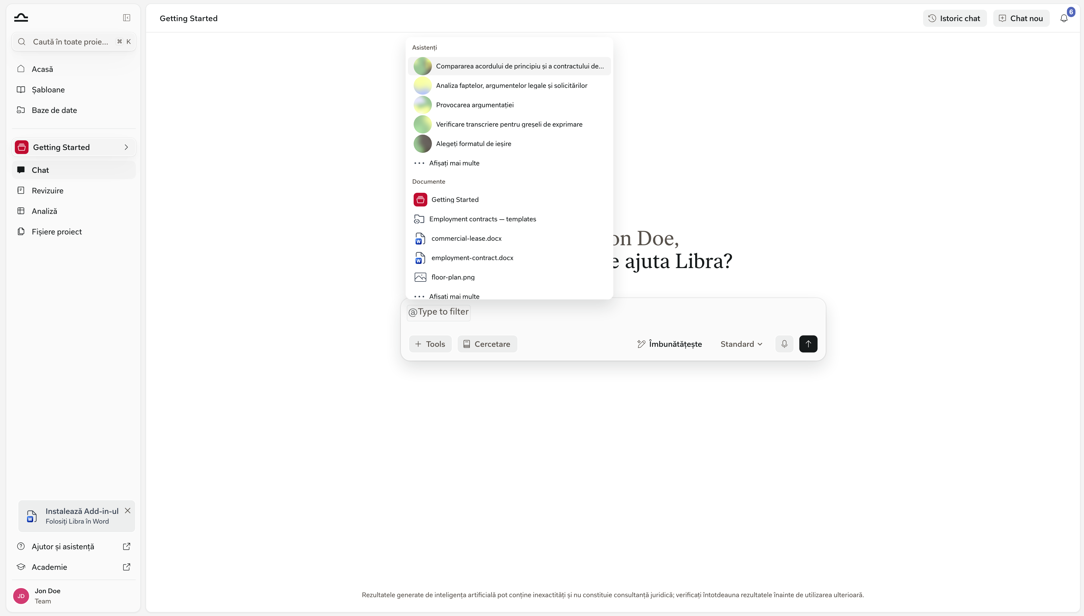 Selectorul de context al chat-ului deschis, afișând secțiunile Assistants, Documents, Discoveries și Reviews cu un Discovery listat