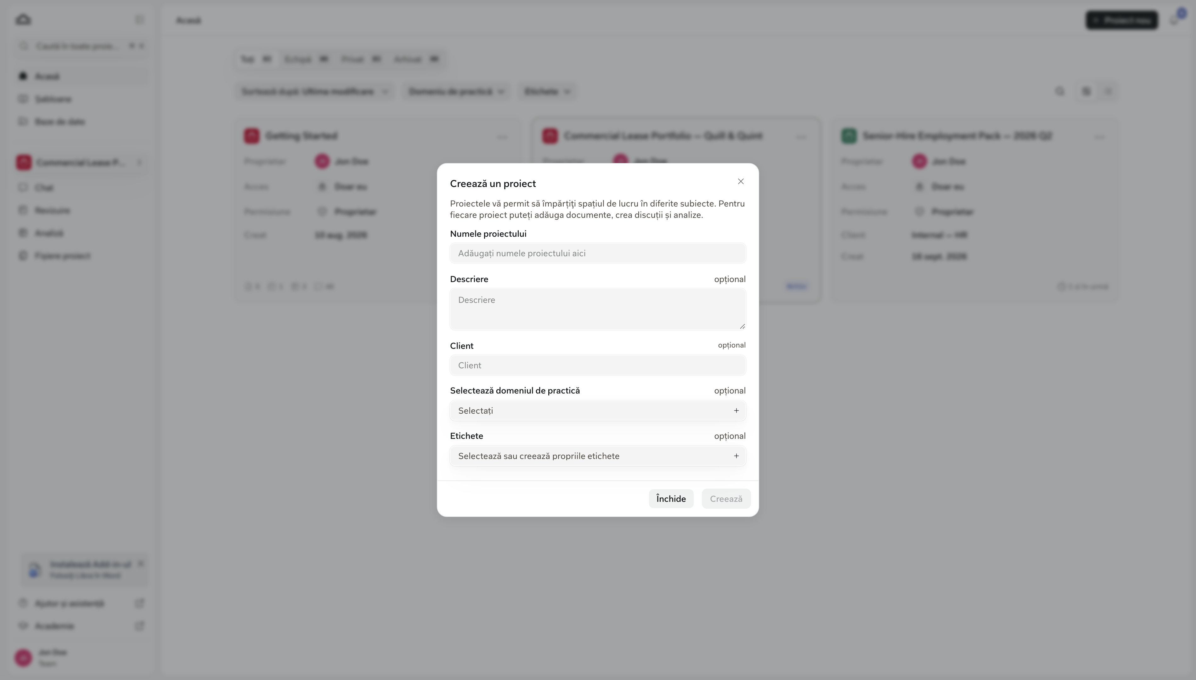 Dialogul Create a Project cu numele proiectului completat