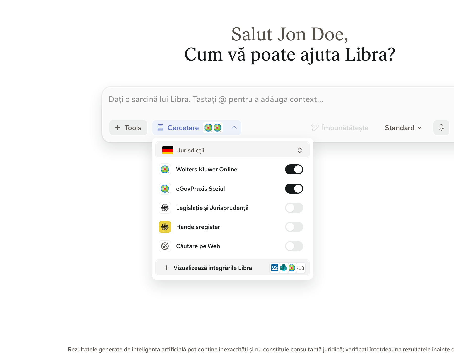 Panoul Cercetare deschis în compozitor, cu rândul Wolters Kluwer Online și comutatorul său deasupra celorlalte surse germane și elvețiene