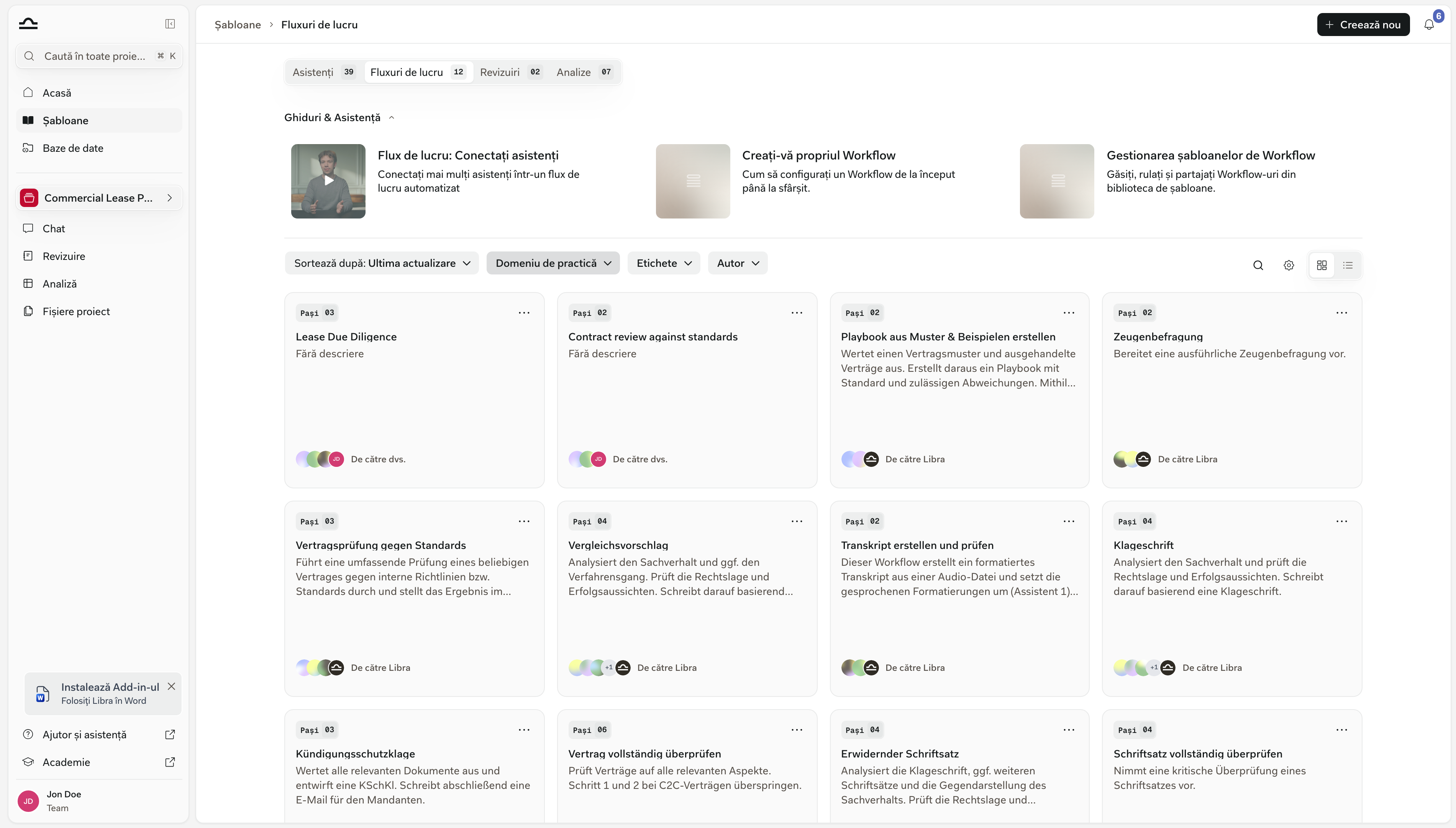Biblioteca de șabloane deschisă pe fila Workflows, afișând cardurile Workflow cu numărul de pași și butonul Creează nou în dreapta sus