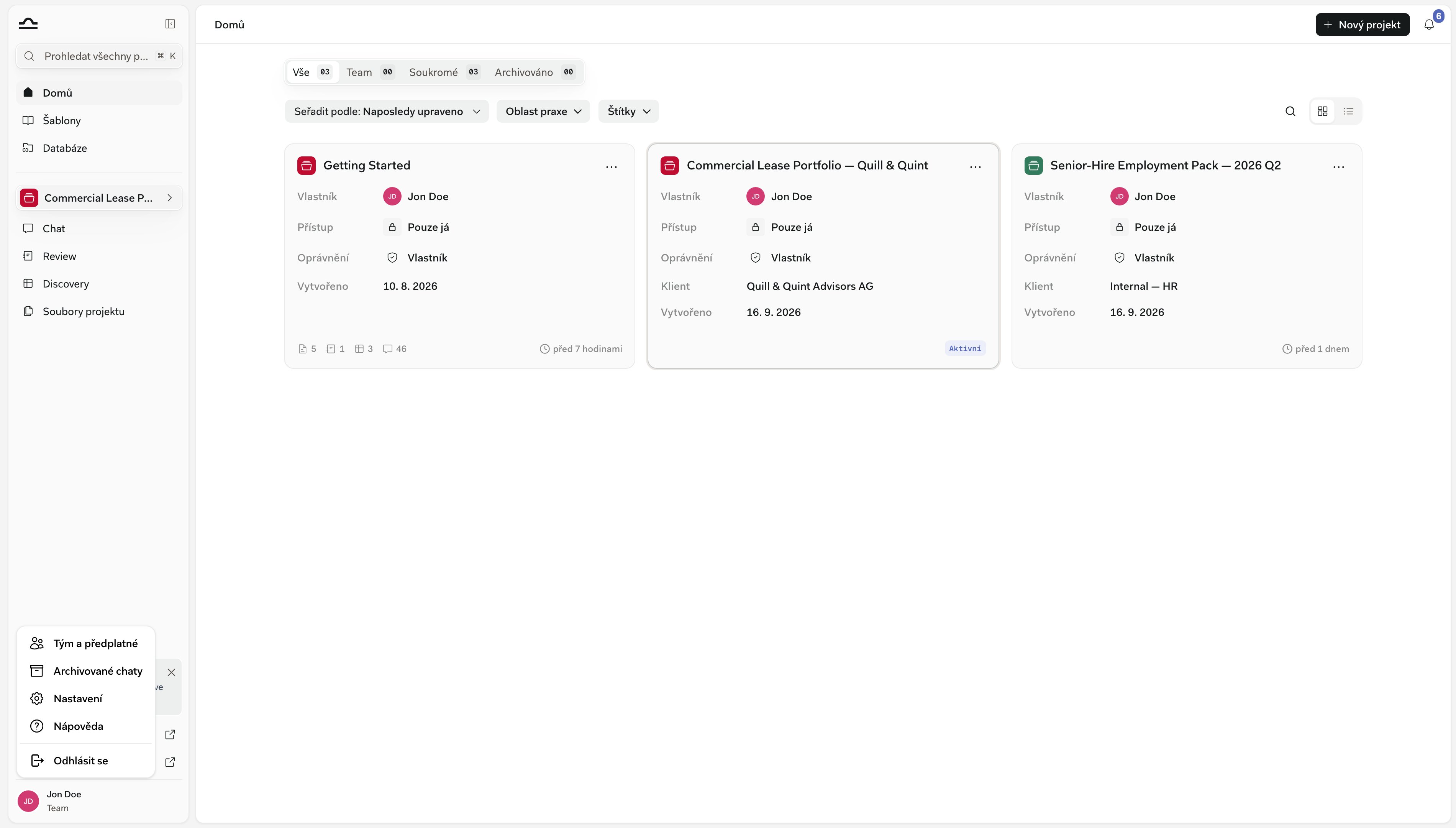 Nabídka profilu ve spodní části postranního panelu se zobrazenými položkami Team & Subscription, Archived Chats, Settings, Help a Sign Out
