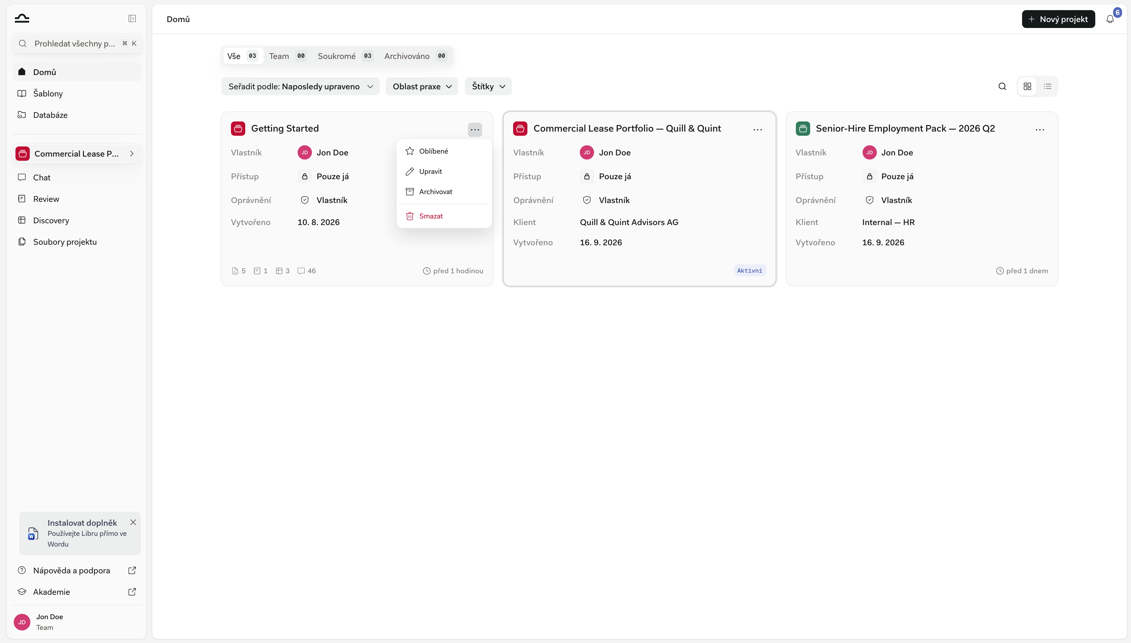 Nabídka karty projektu ⋯ s položkami Favorite, Edit, Archive a Delete