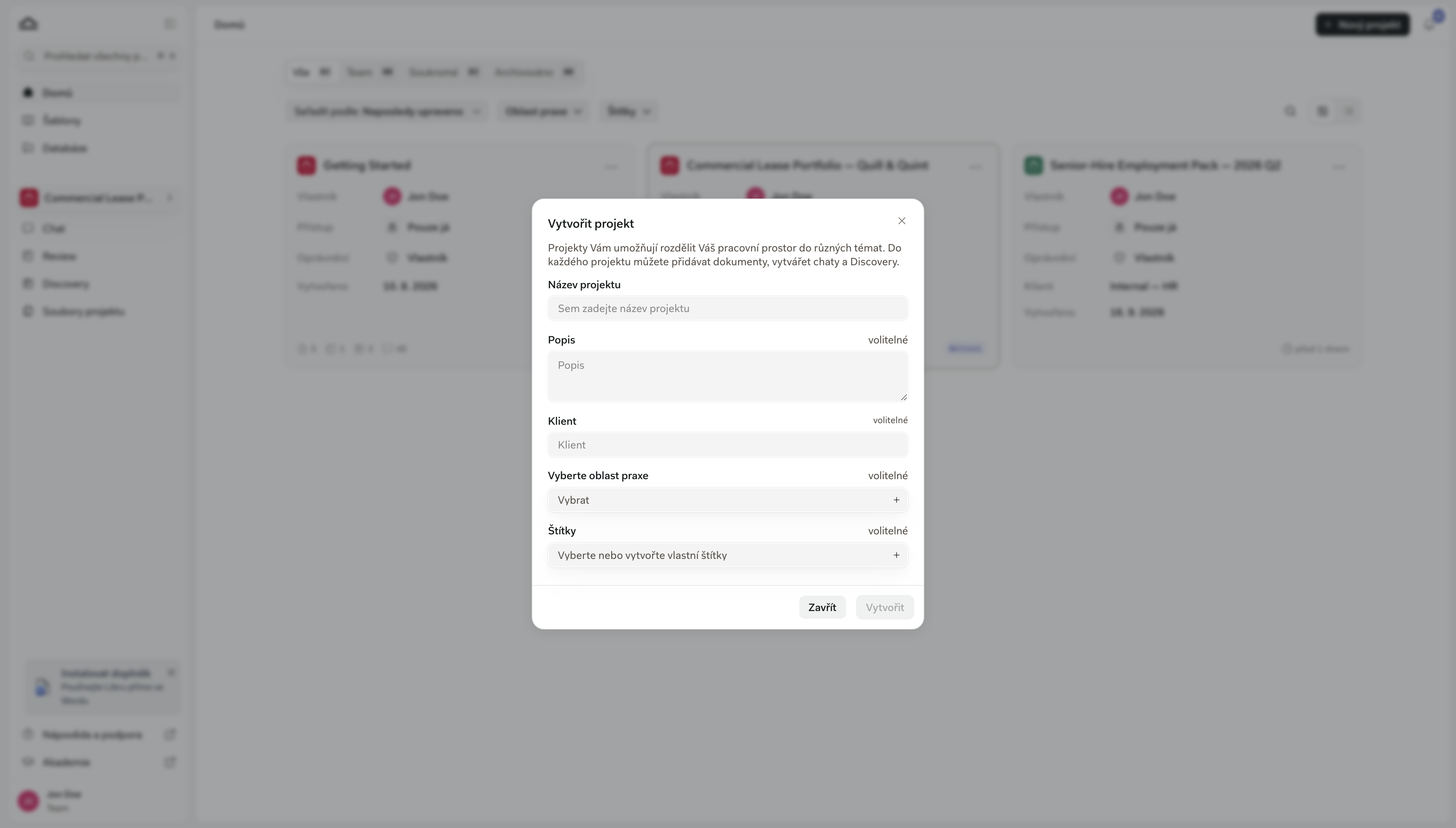 Dialog Create a Project s vyplněným názvem projektu