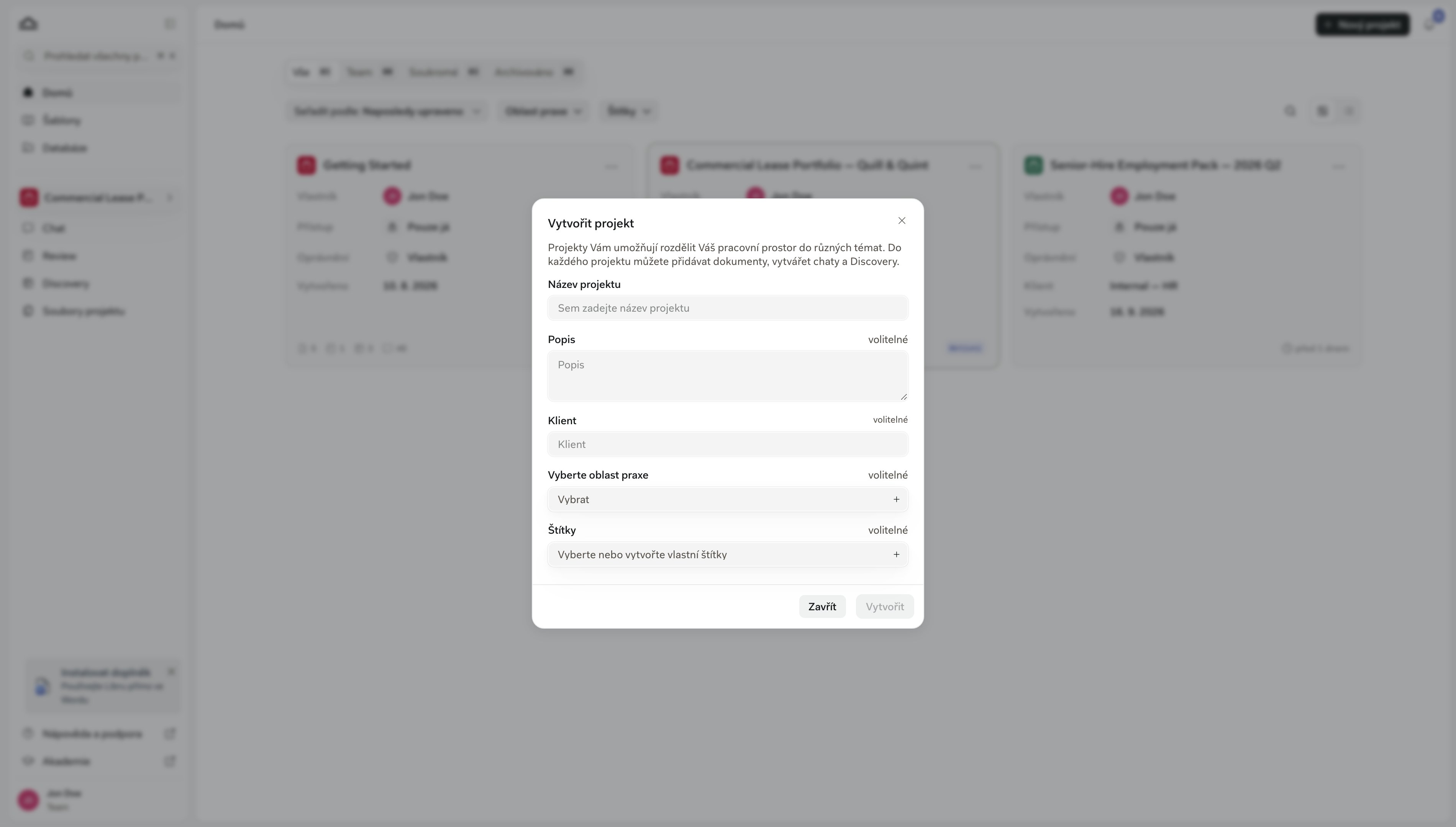 Dialog Create a Project s vyplněným názvem projektu