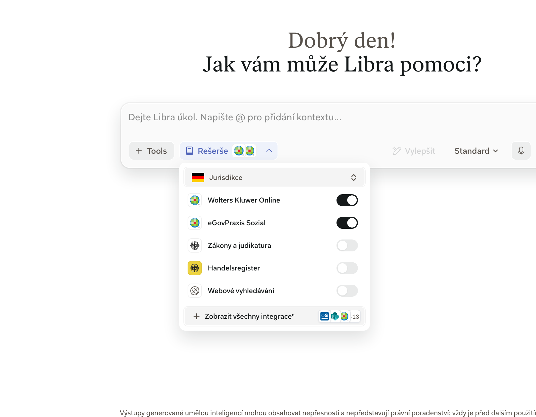Panel Rešerše otevřený v editoru zpráv s řádkem Wolters Kluwer Online a jeho přepínačem nad ostatními německými a švýcarskými zdroji