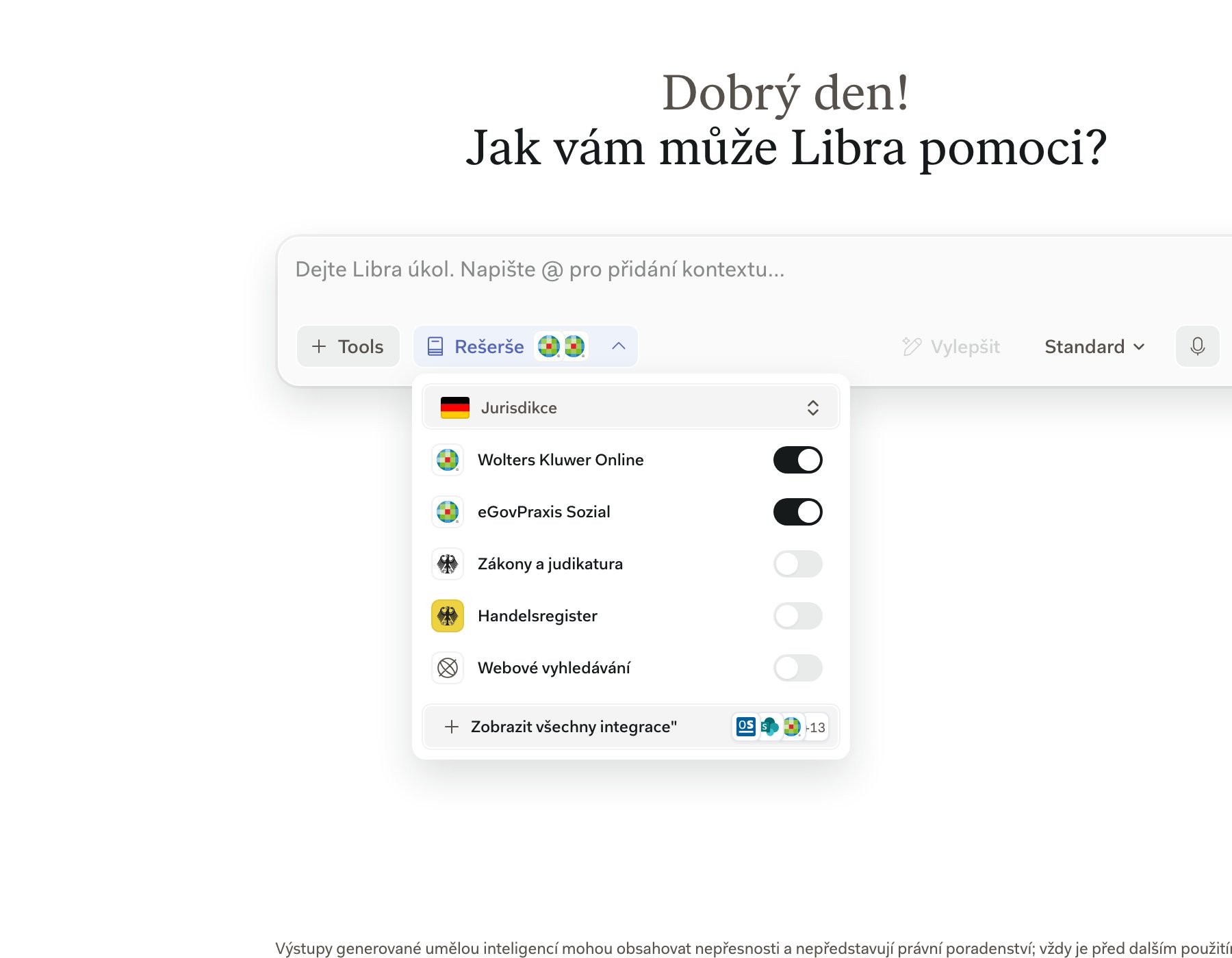 Panel Rešerše otevřený v editoru zpráv s řádkem Wolters Kluwer Online a jeho přepínačem nad ostatními německými a švýcarskými zdroji