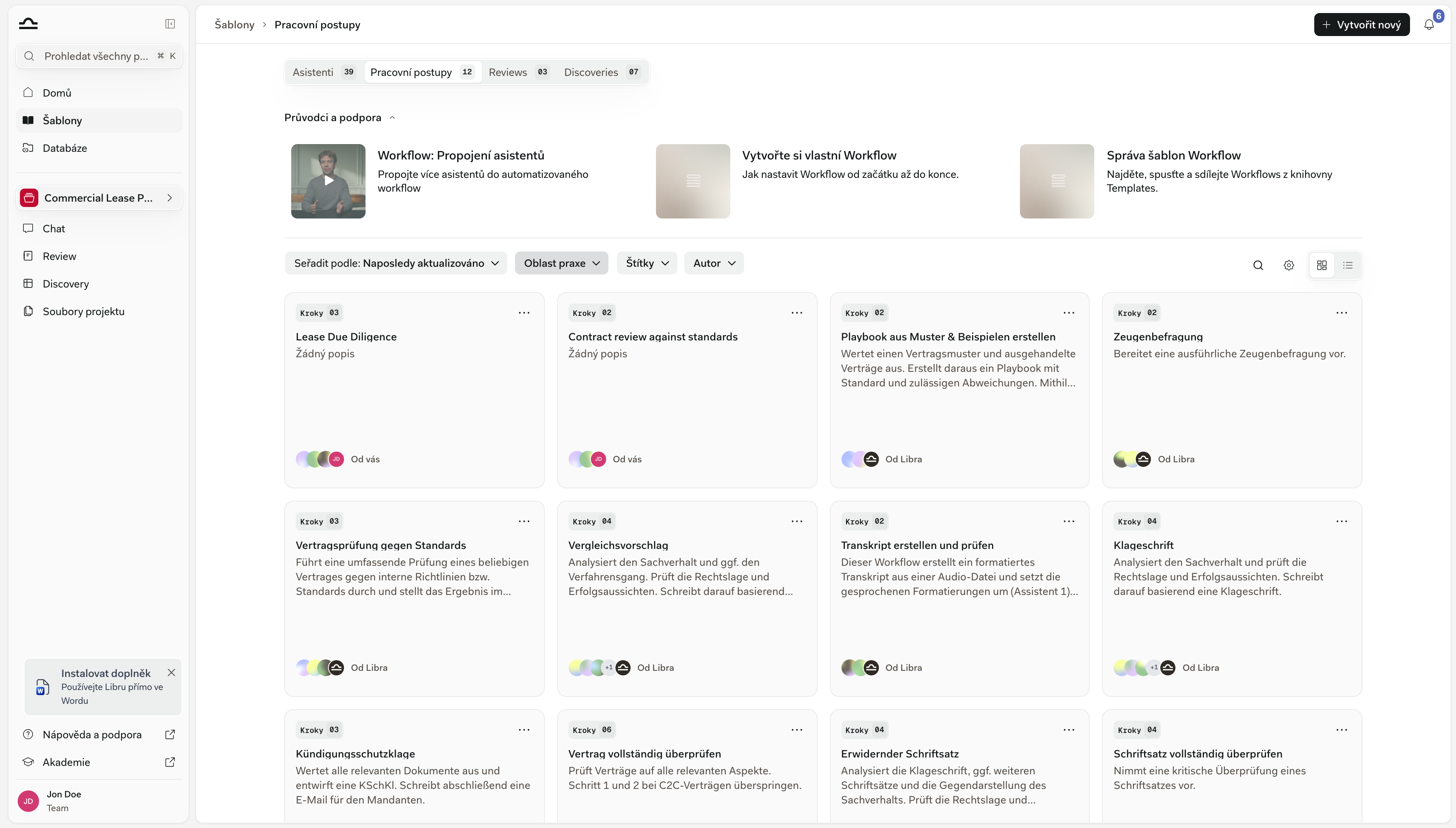 Knihovna Šablon otevřená na záložce Workflows, zobrazující karty Workflow s počty kroků a tlačítko Vytvořit nový vpravo nahoře