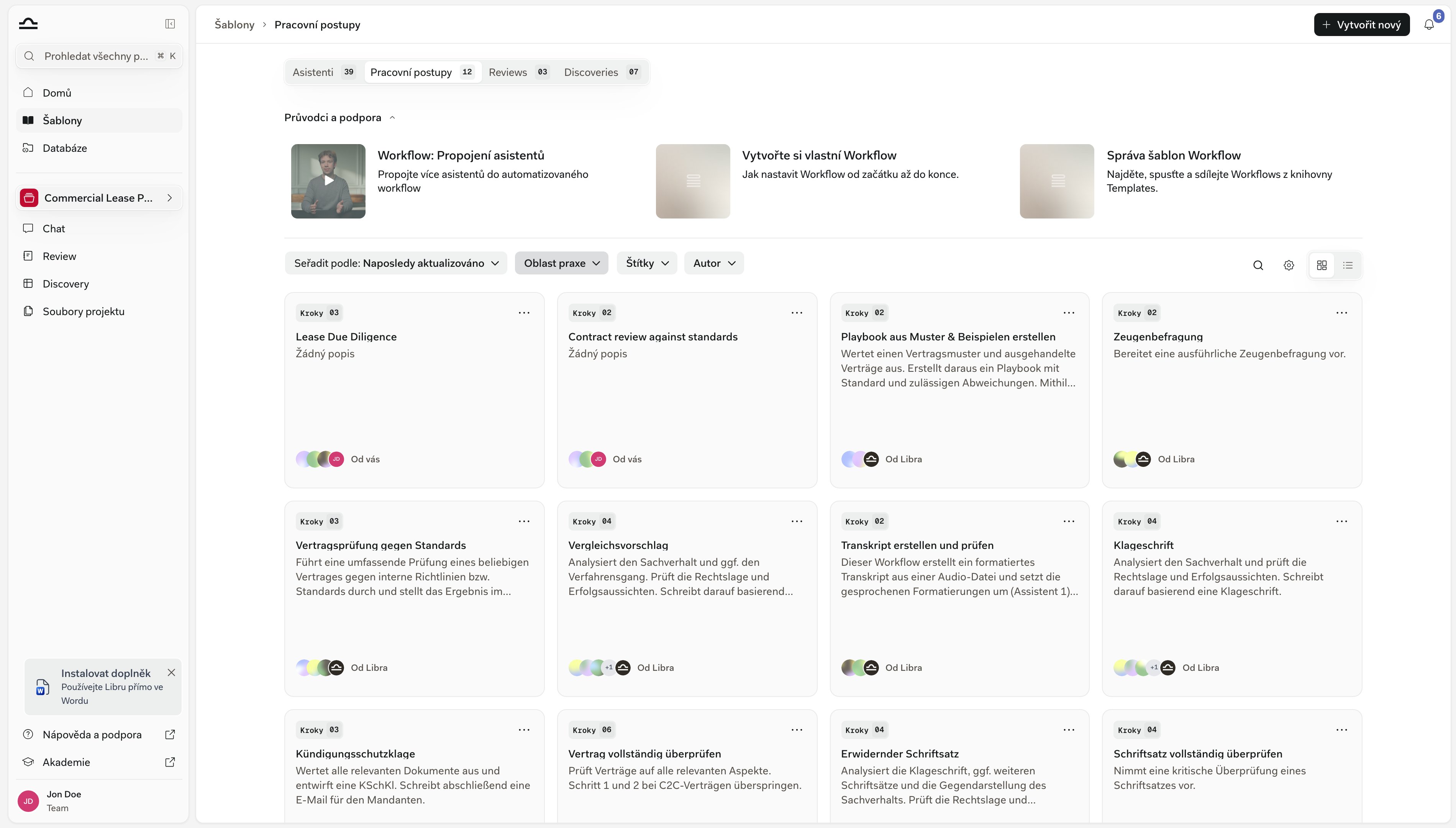 Knihovna Šablon otevřená na záložce Workflows, zobrazující karty Workflow s počty kroků a tlačítko Vytvořit nový vpravo nahoře