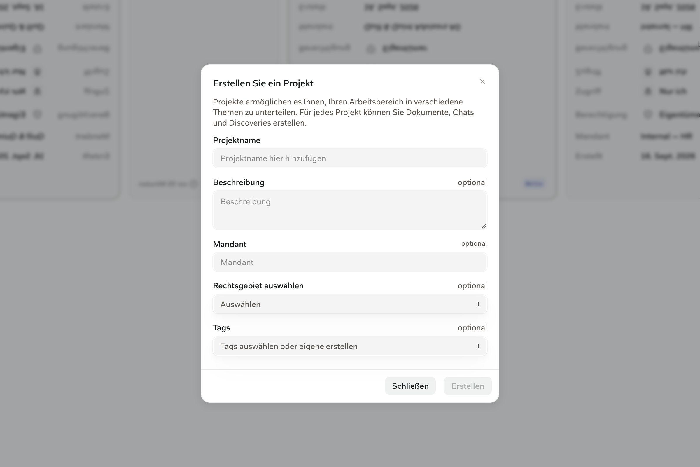 Dialog Projekt erstellen mit den Feldern für Projektname, Beschreibung, Mandant und Rechtsgebiet