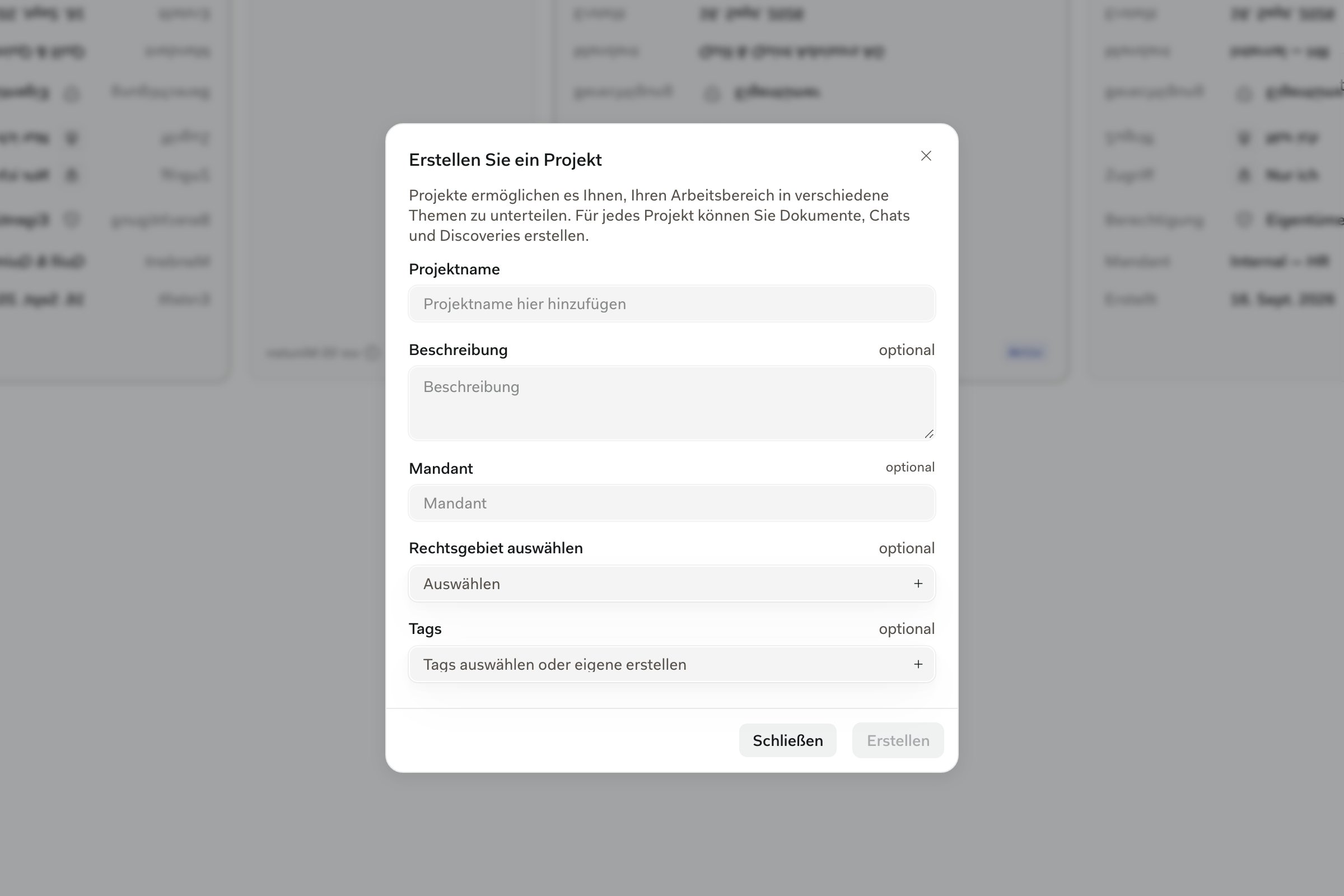 Dialog Projekt erstellen mit den Feldern für Projektname, Beschreibung, Mandant und Rechtsgebiet