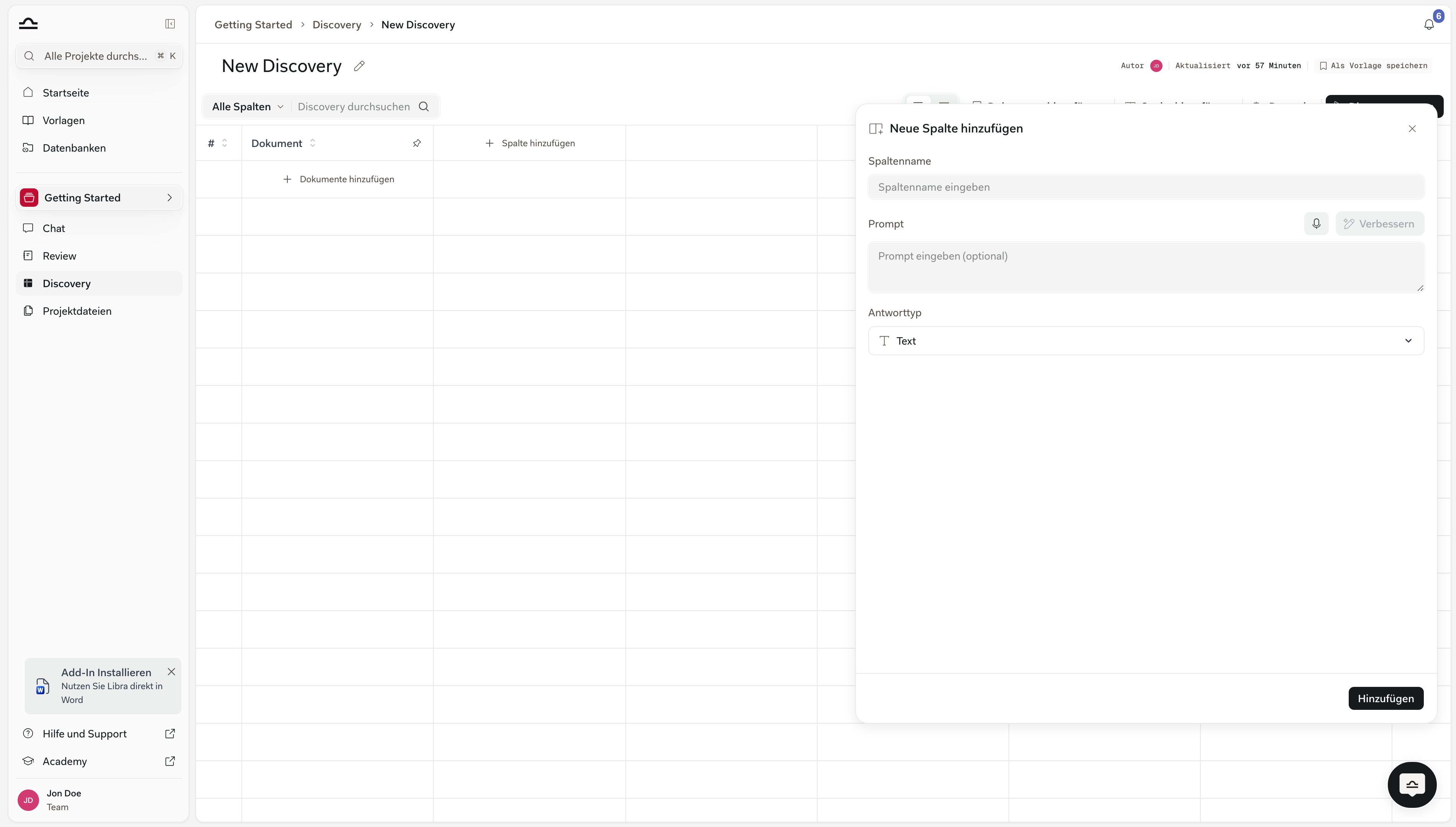 Panel „Add New Column” mit den Feldern Column Label, Prompt und Answer Type