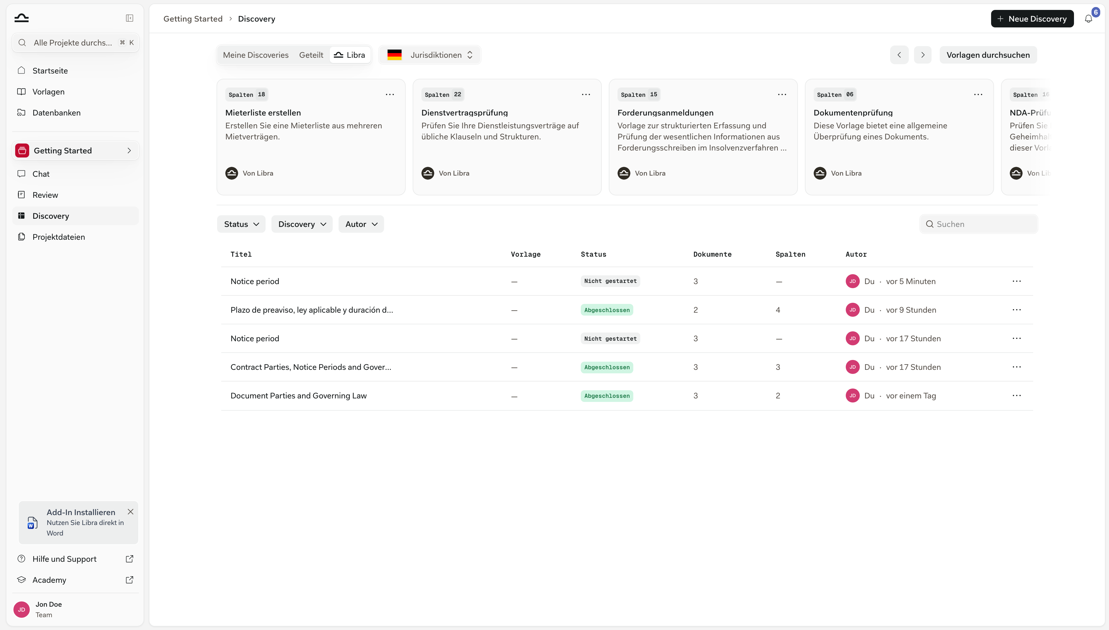 Die Registerkarte Libra der Discovery-Seite im Projekt mit Discovery-Vorlagen als Karten samt Spaltenanzahl-Badges und Autorenzeilen