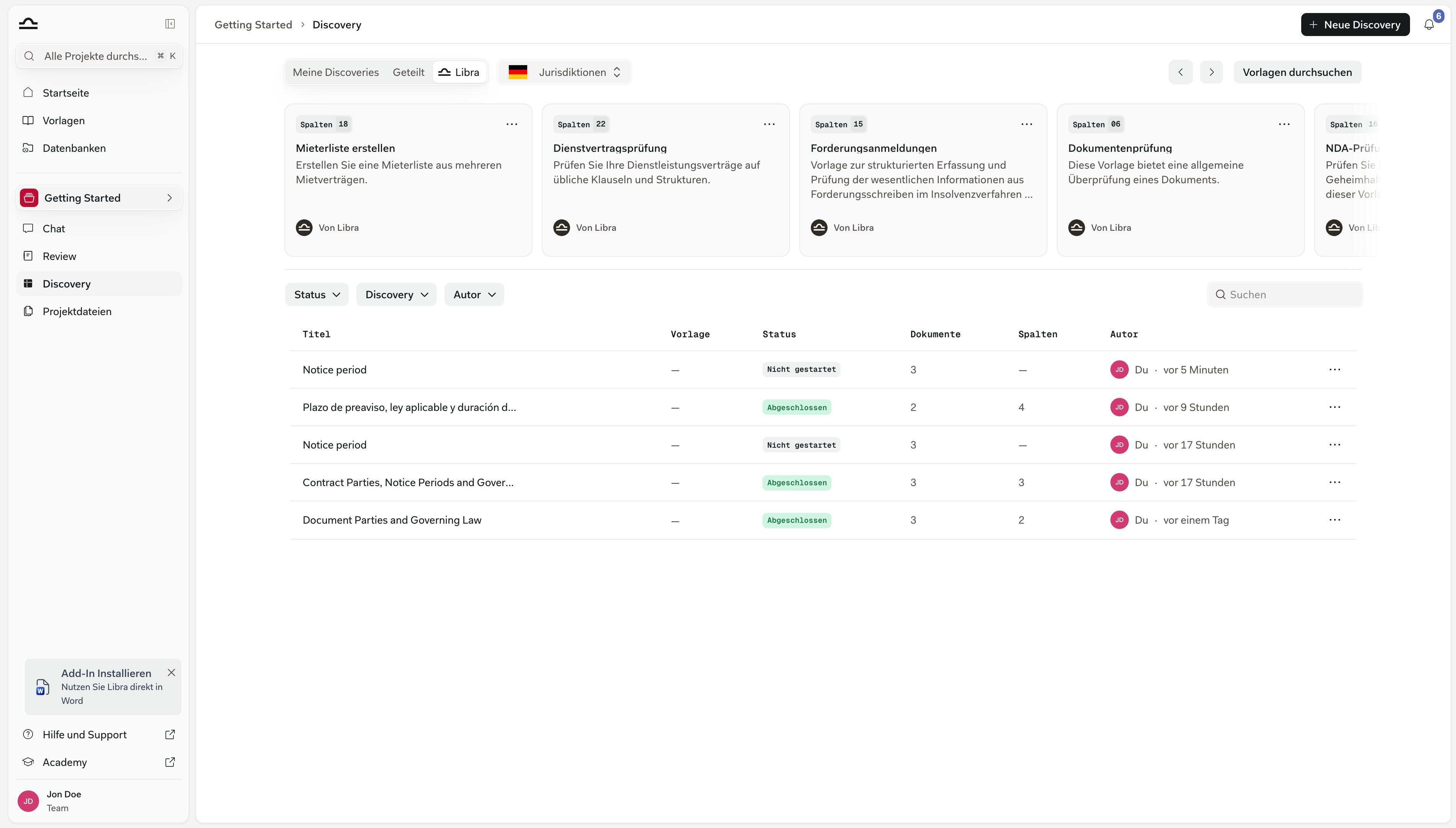 Die Registerkarte Libra der Discovery-Seite im Projekt mit Discovery-Vorlagen als Karten samt Spaltenanzahl-Badges und Autorenzeilen