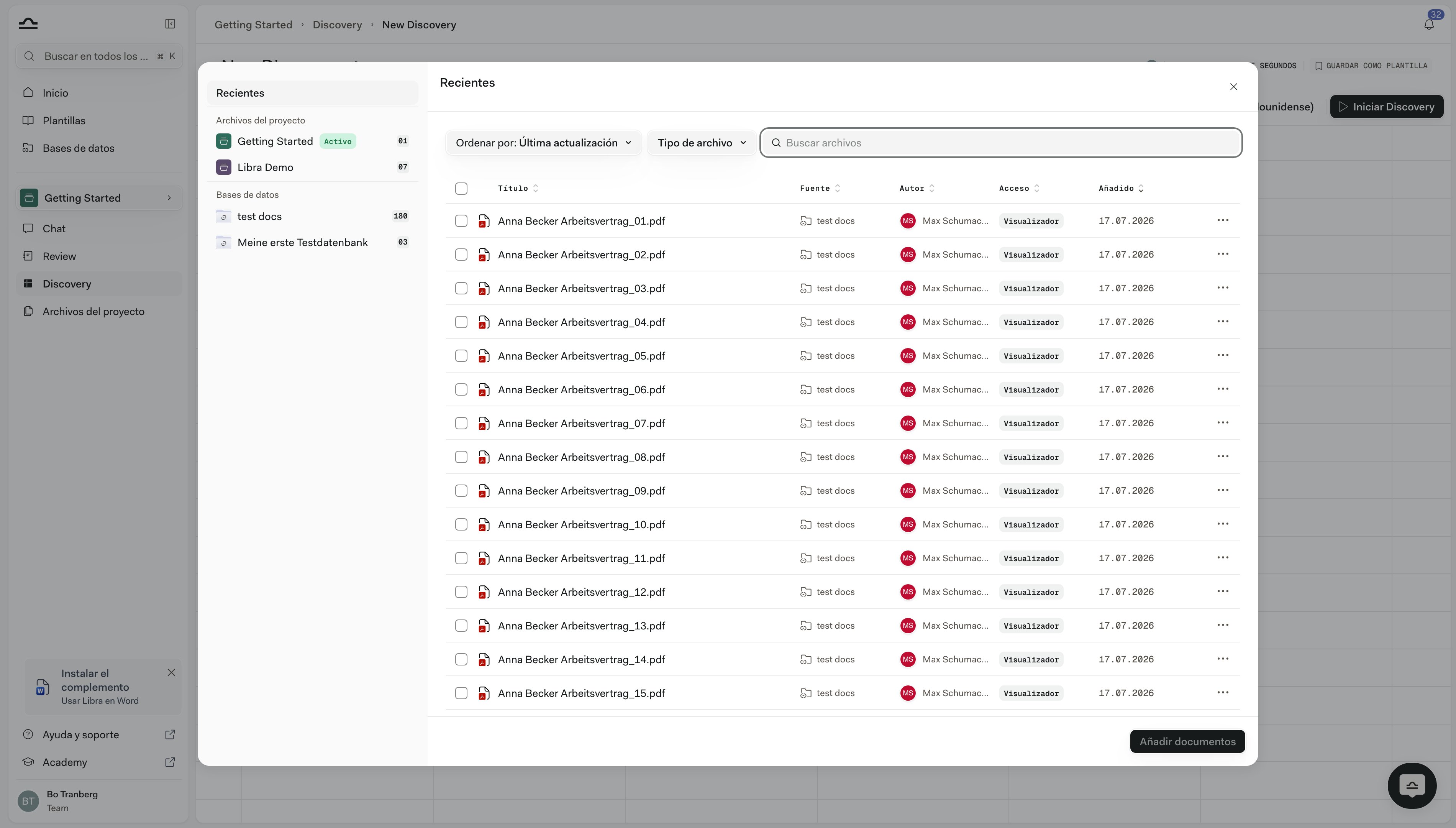 Selector «Añadir documentos» con los archivos del proyecto y la opción «Cargar archivos» en la parte inferior