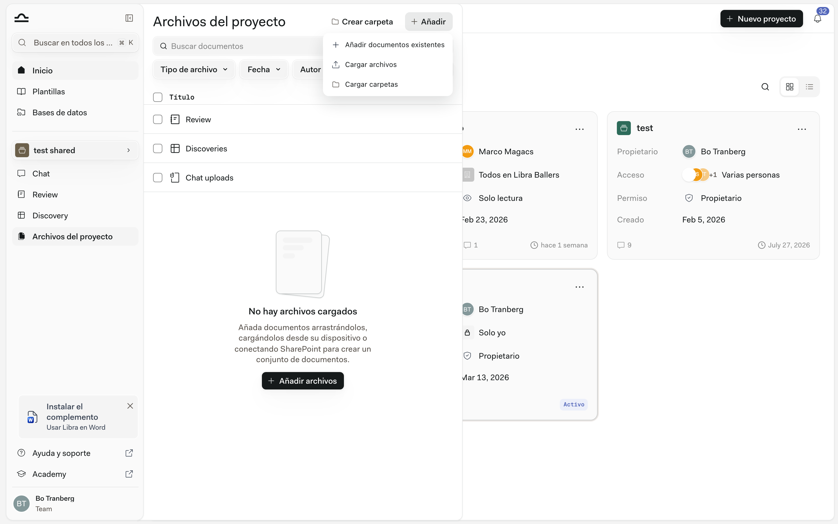 El menú para añadir archivos de Archivos de proyecto con la opción Añadir desde Kleos